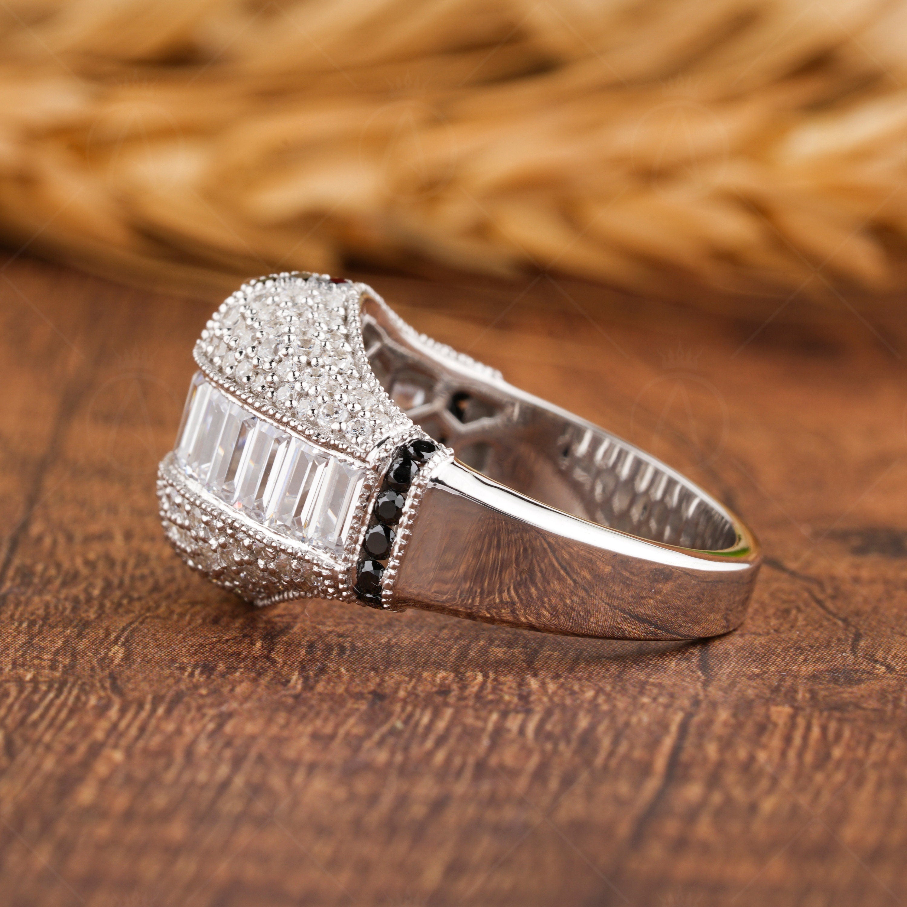 Vintage Statement Ring Women, Art Deco Dome Ring, Moissanite Chunky Dome Ring, Channel Baguette Engagement Ring, Unique Pave Milgrain Ring