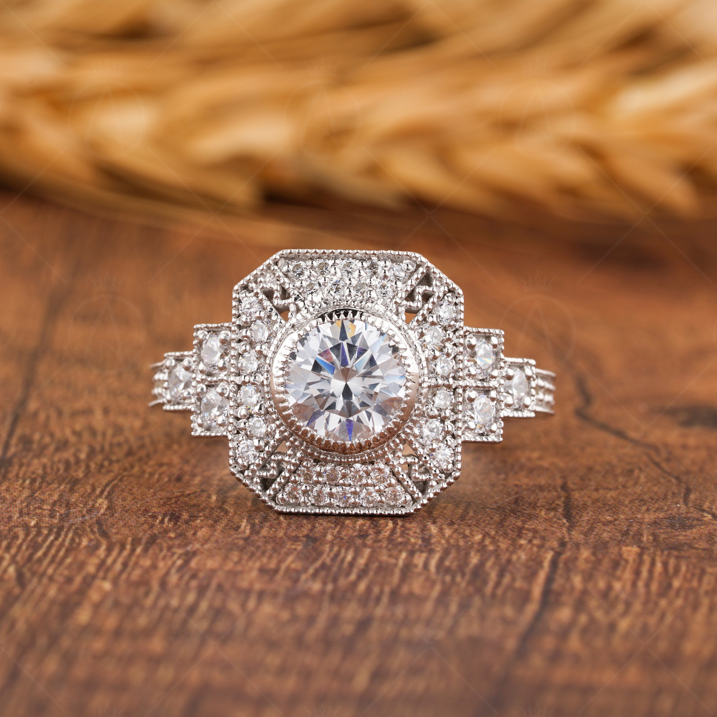 Milgrain Bezel Set Round Ring, Art Deco Moissanite Ring, Vintage Inspired Engagement Ring, Antique Style Ring For Women, Gold Estate Jewelry