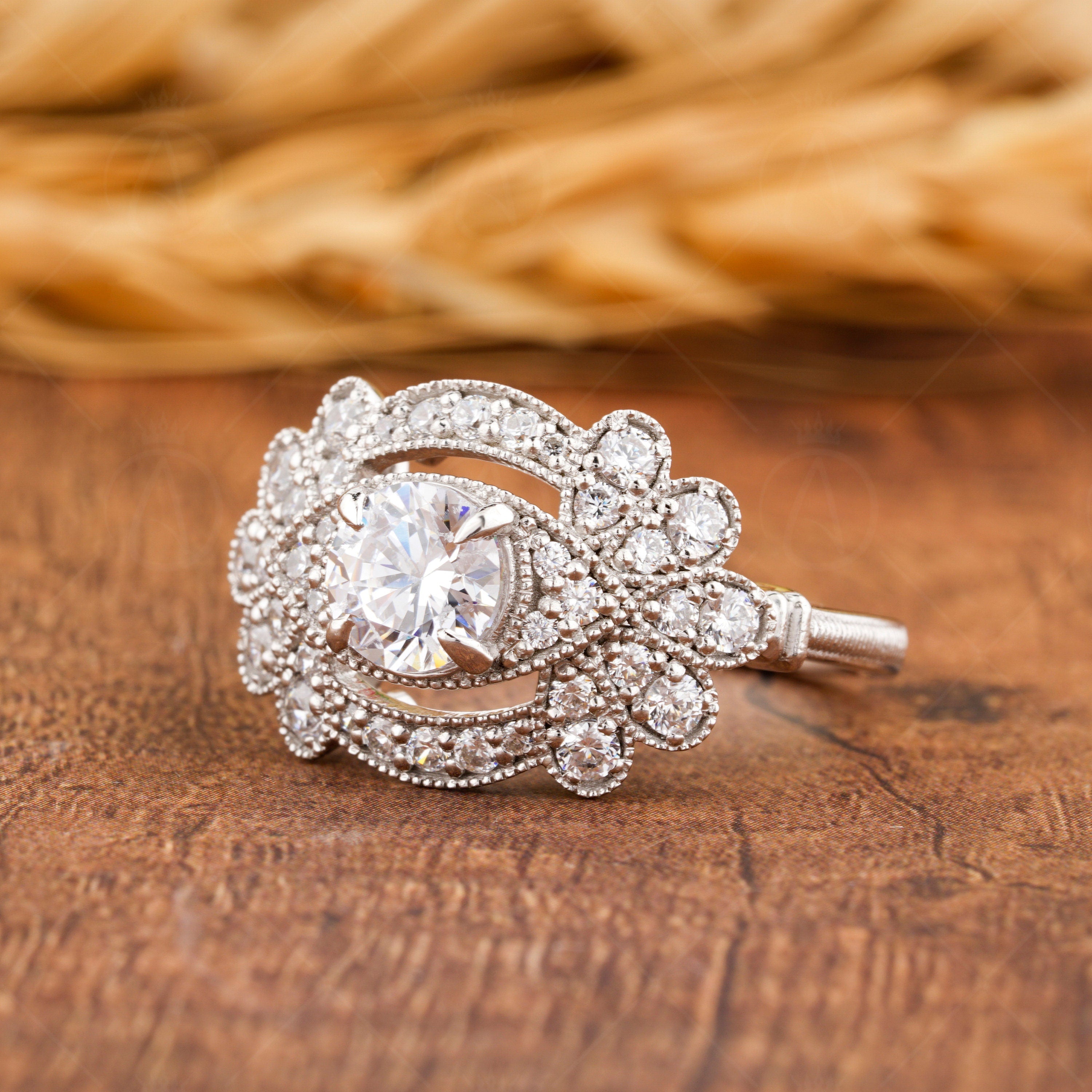 Edwardian Moissanite Engagement Ring, Art Deco Vintage Inspired Ring, Milgrain Wedding Ring, Moissanite Unique Promise Rings For Women