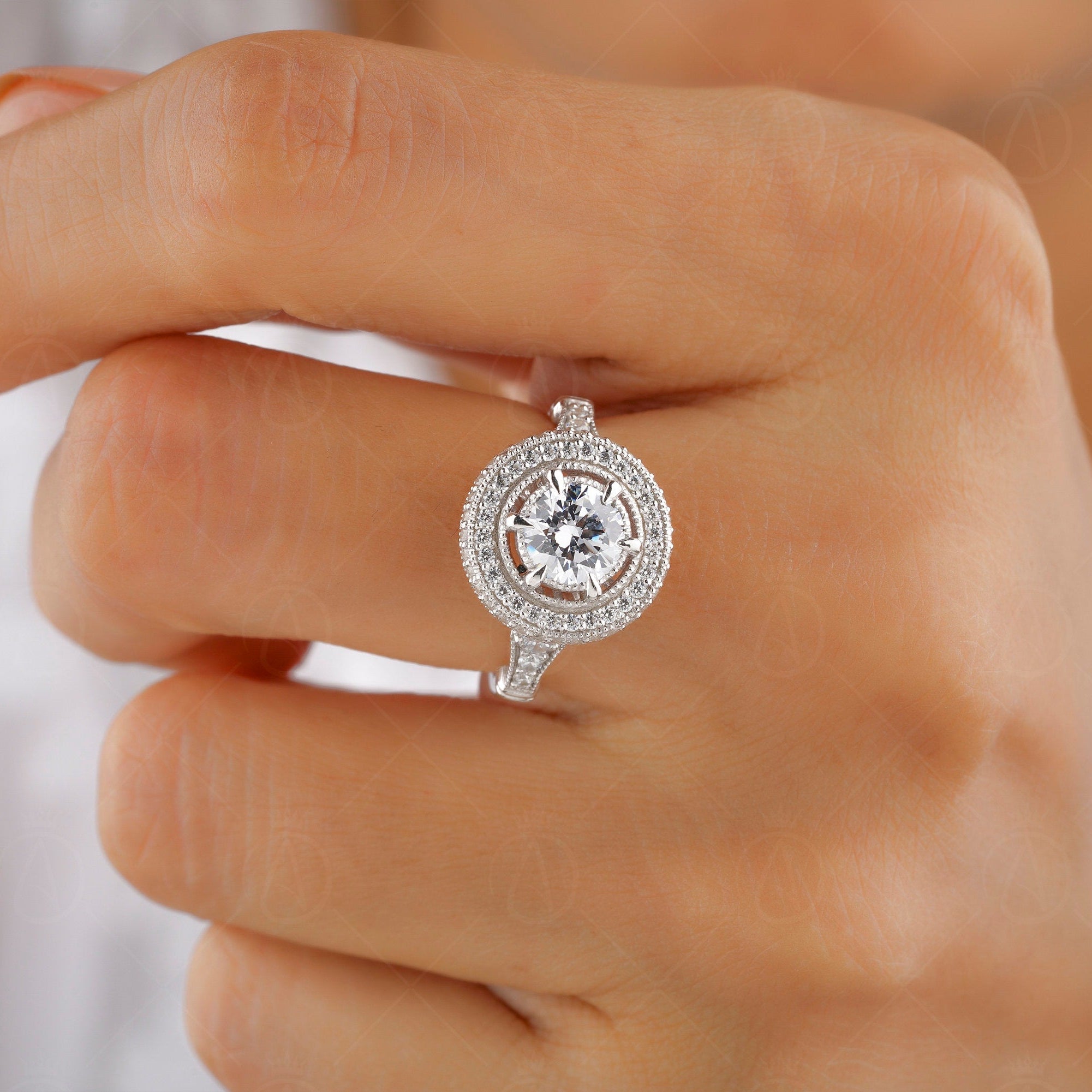 1930s Vintage Filigree Ring, Art Deco Moissanite Ring, Antique Halo Engagement Ring, Unique Milgrain Ring, Promise Rings For Women