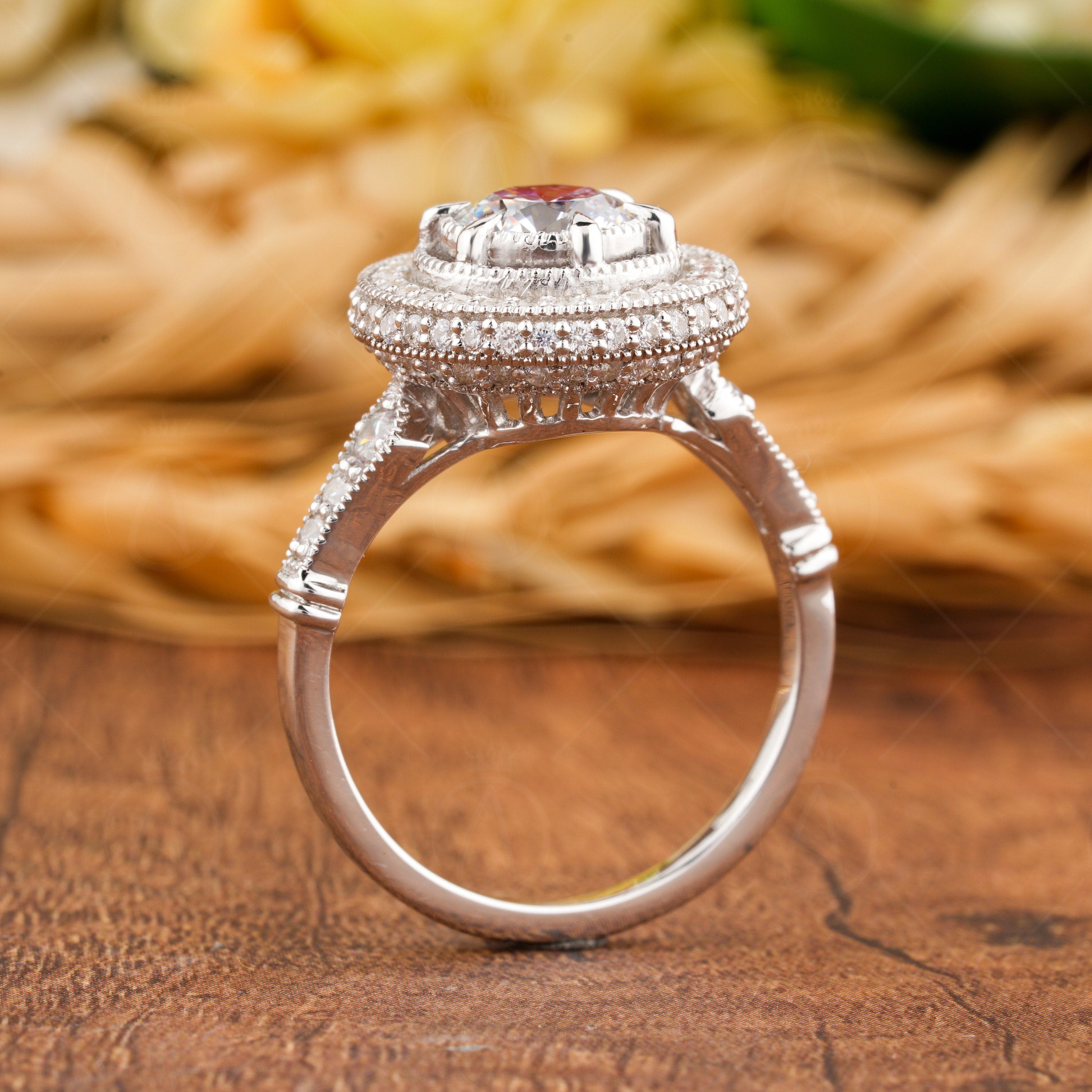 1930s Vintage Filigree Ring, Art Deco Moissanite Ring, Antique Halo Engagement Ring, Unique Milgrain Ring, Promise Rings For Women