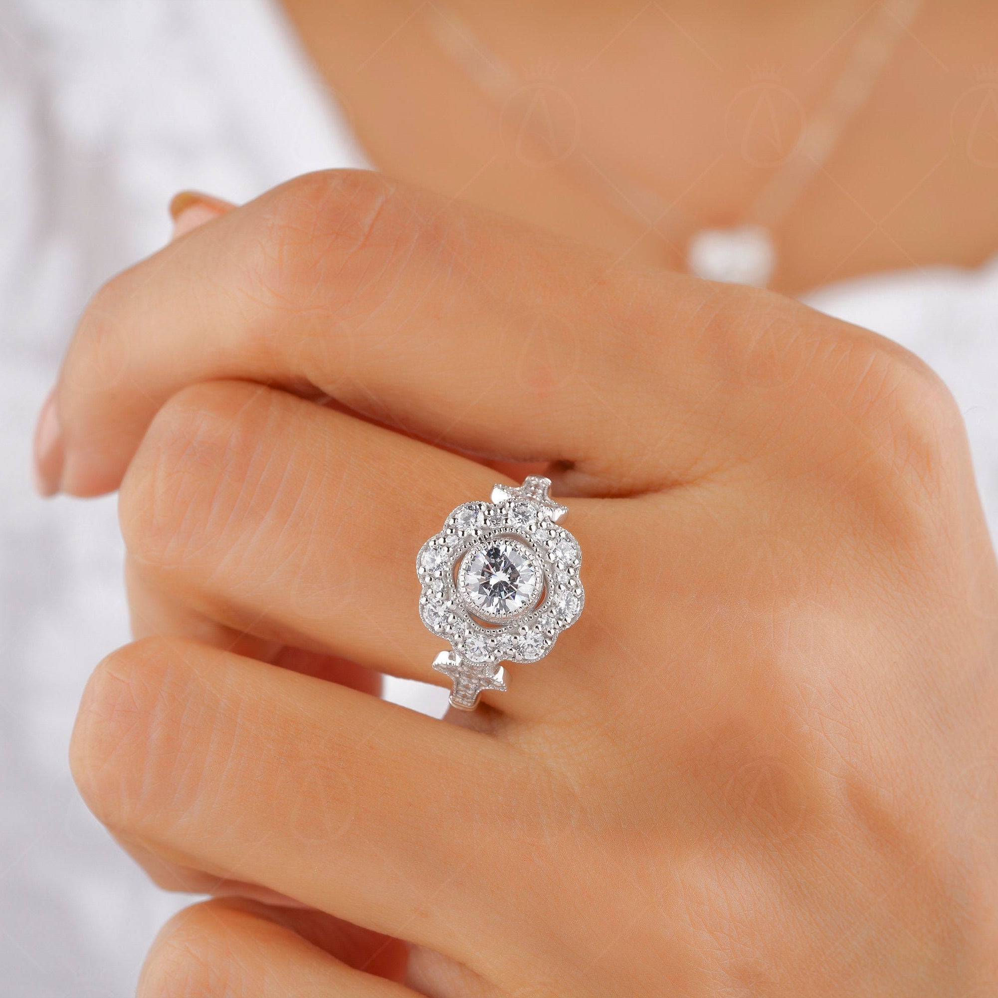 Floral Nature Inspired Ring, Vintage Art Deco Style Ring, Milgrain Ring, Antique Moissanite Halo Engagement Ring, Promise Rings For Women