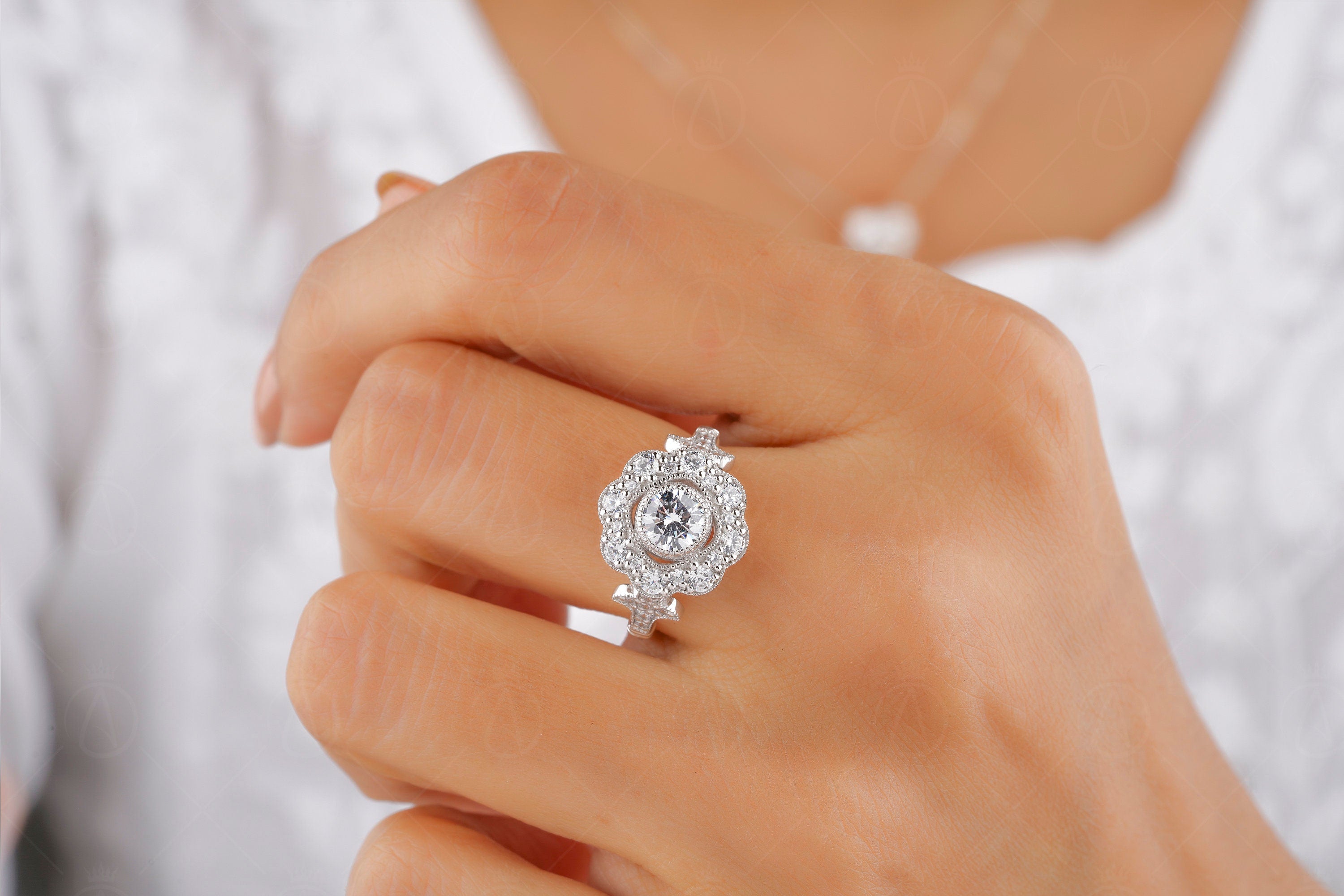 Floral Nature Inspired Vintage Halo Engagement Ring