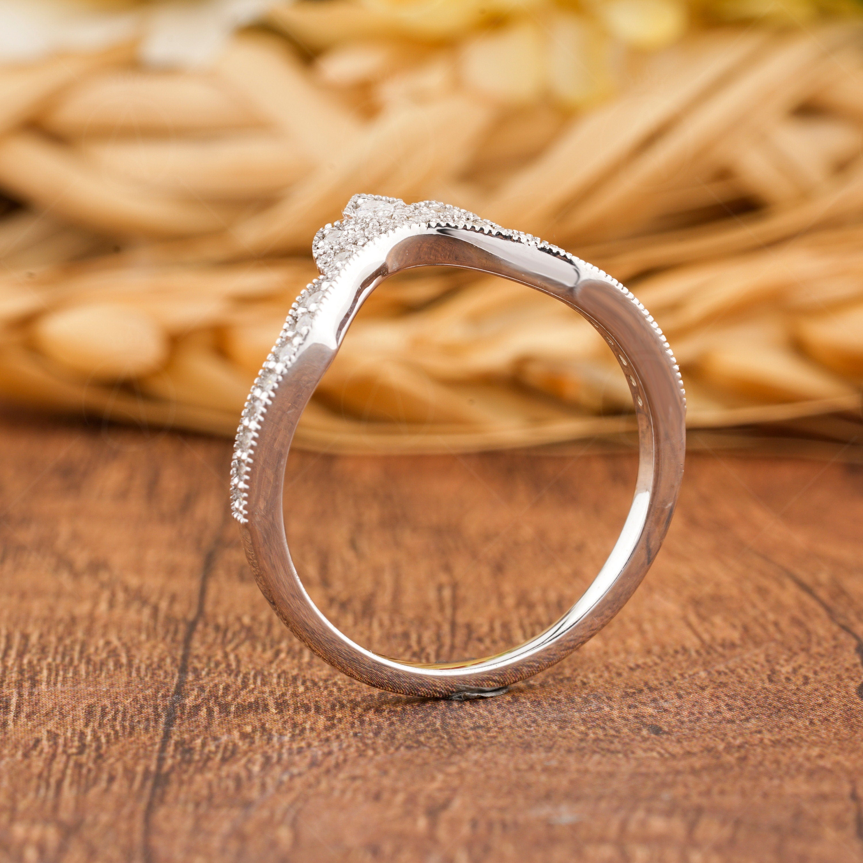 Crown Style Curved Wedding Band Women, Chevron Moissanite Ring, Art Deco Milgrain Band, Antique Vintage Nesting Band, Gold Matching Band