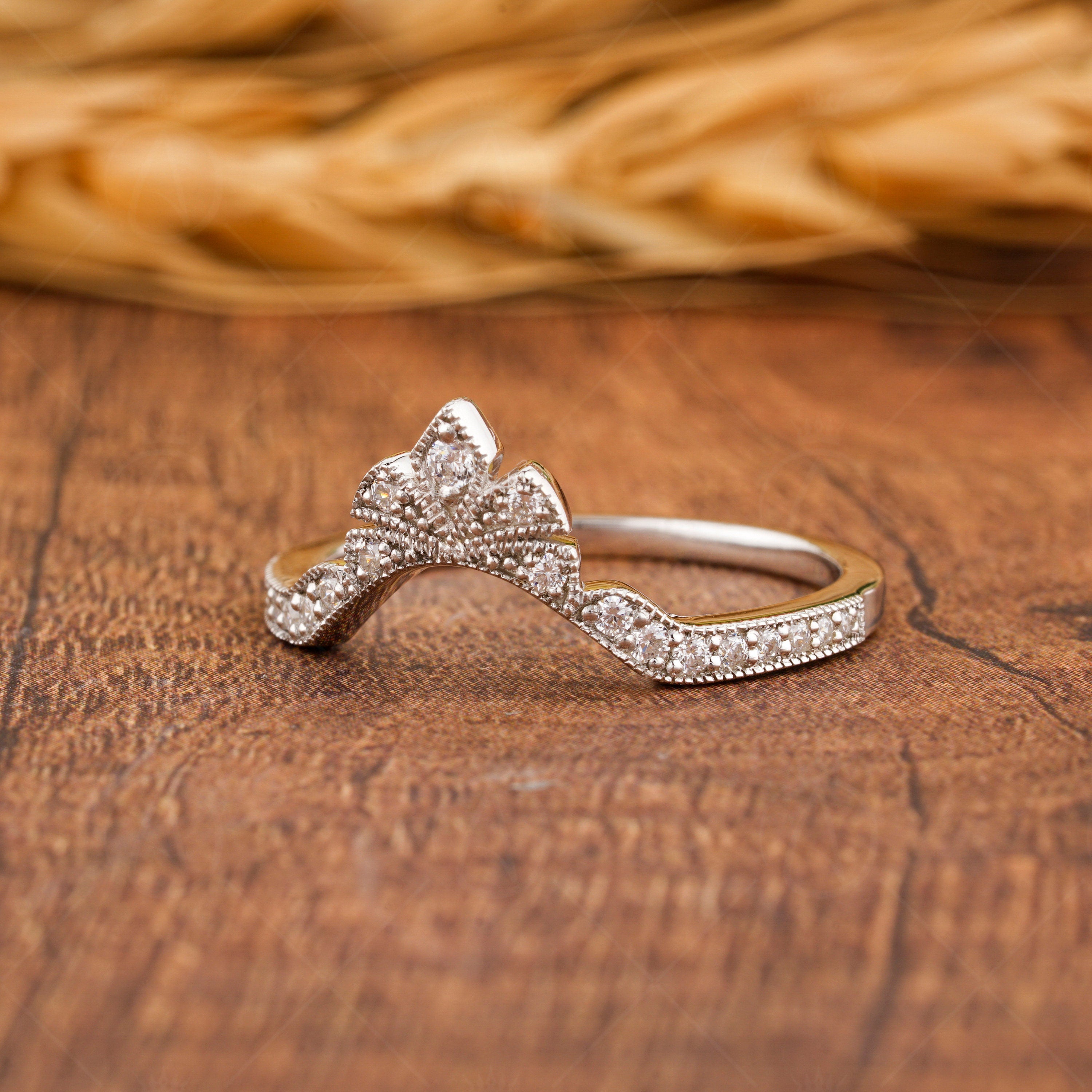 Crown Style Curved Wedding Band Women, Chevron Moissanite Ring, Art Deco Milgrain Band, Antique Vintage Nesting Band, Gold Matching Band