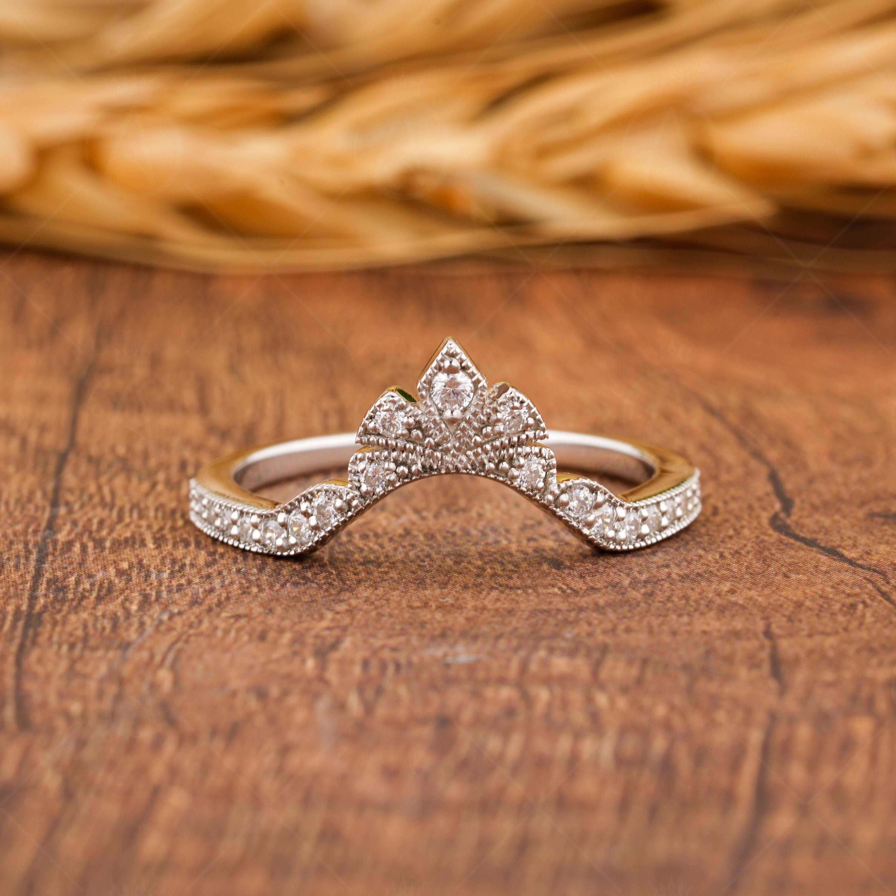 Crown Style Curved Wedding Band Women, Chevron Moissanite Ring, Art Deco Milgrain Band, Antique Vintage Nesting Band, Gold Matching Band