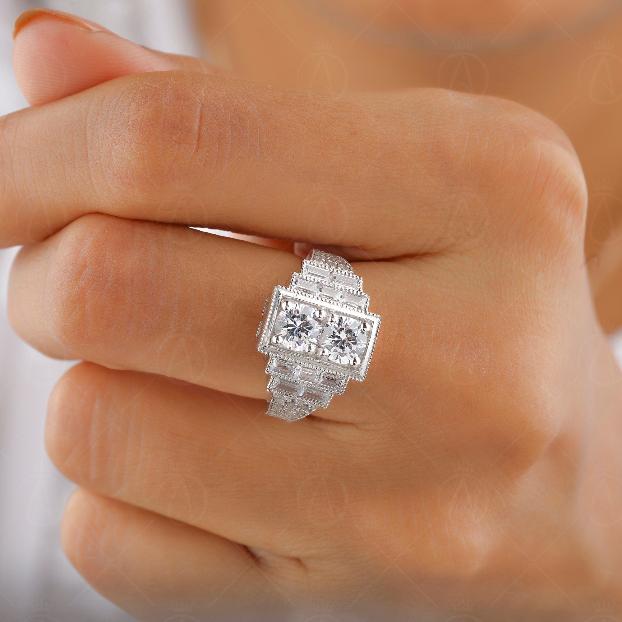 Edwardian Style Two Stone Round Engagement Ring, Antique Art Deco Inspired Ring, Vintage Moissanite Ring, Milgrain Promise Rings For Women