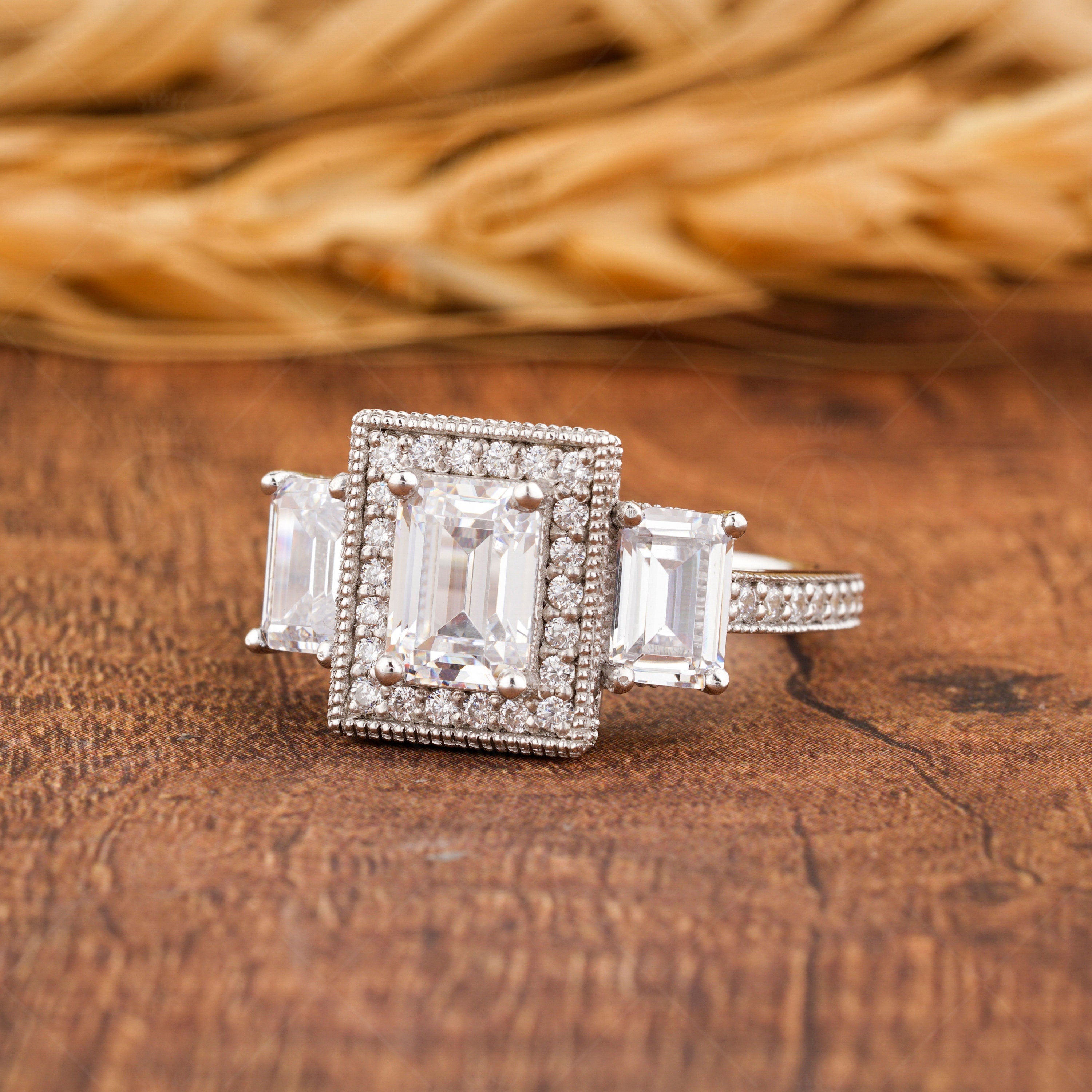 Three Stone Emerald Cut Moissanite Engagement Ring, Antique Art Deco Style Ring, 3 Rectangle Stone Vintage Ring, Milgrain Trilogy Ring Women