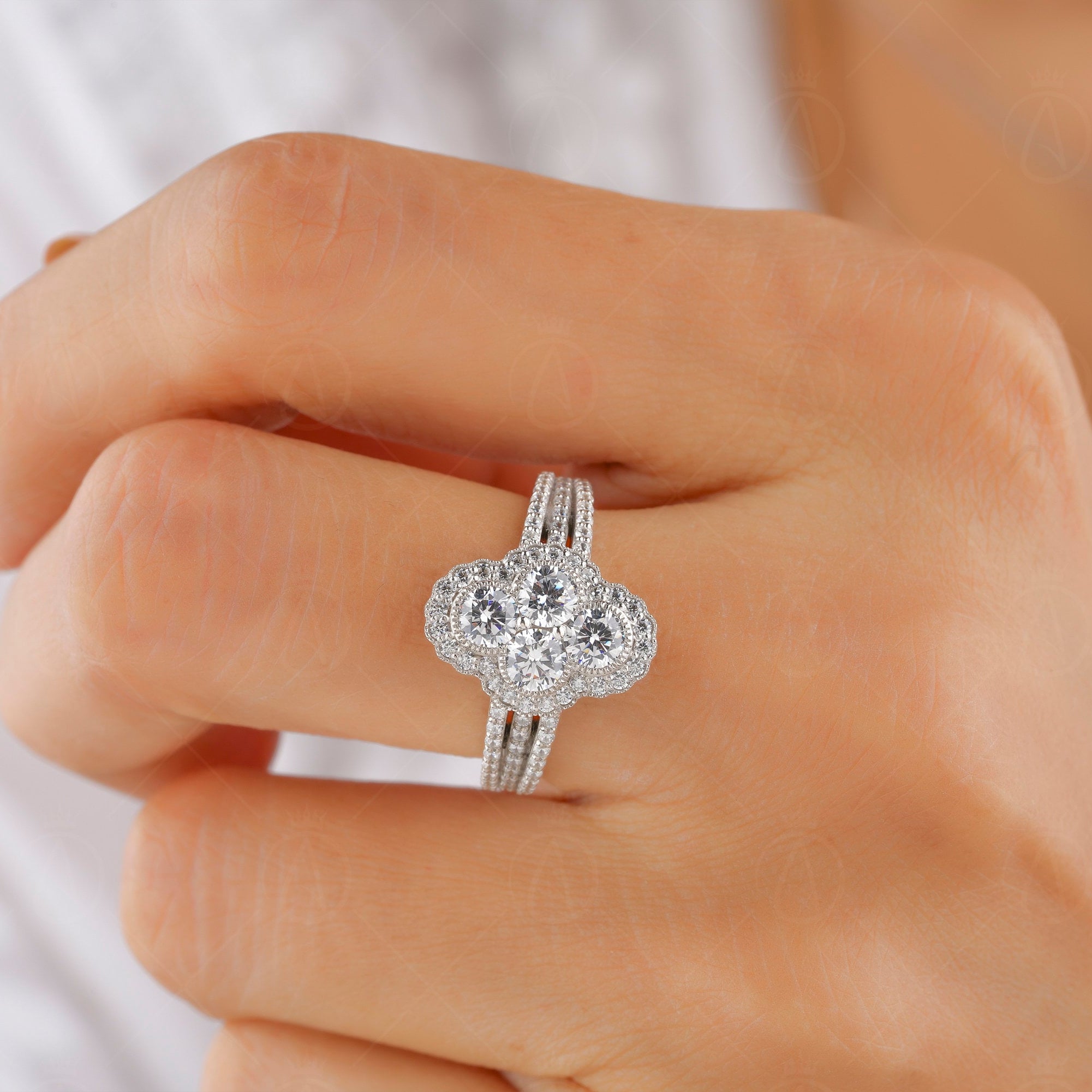 Elongated Vintage Inspired Ring, Art Deco Moissanite Ring, Cluster Engagement Ring, Round Stone Ring, Unique 1930s Style Ring, Womens Ring
