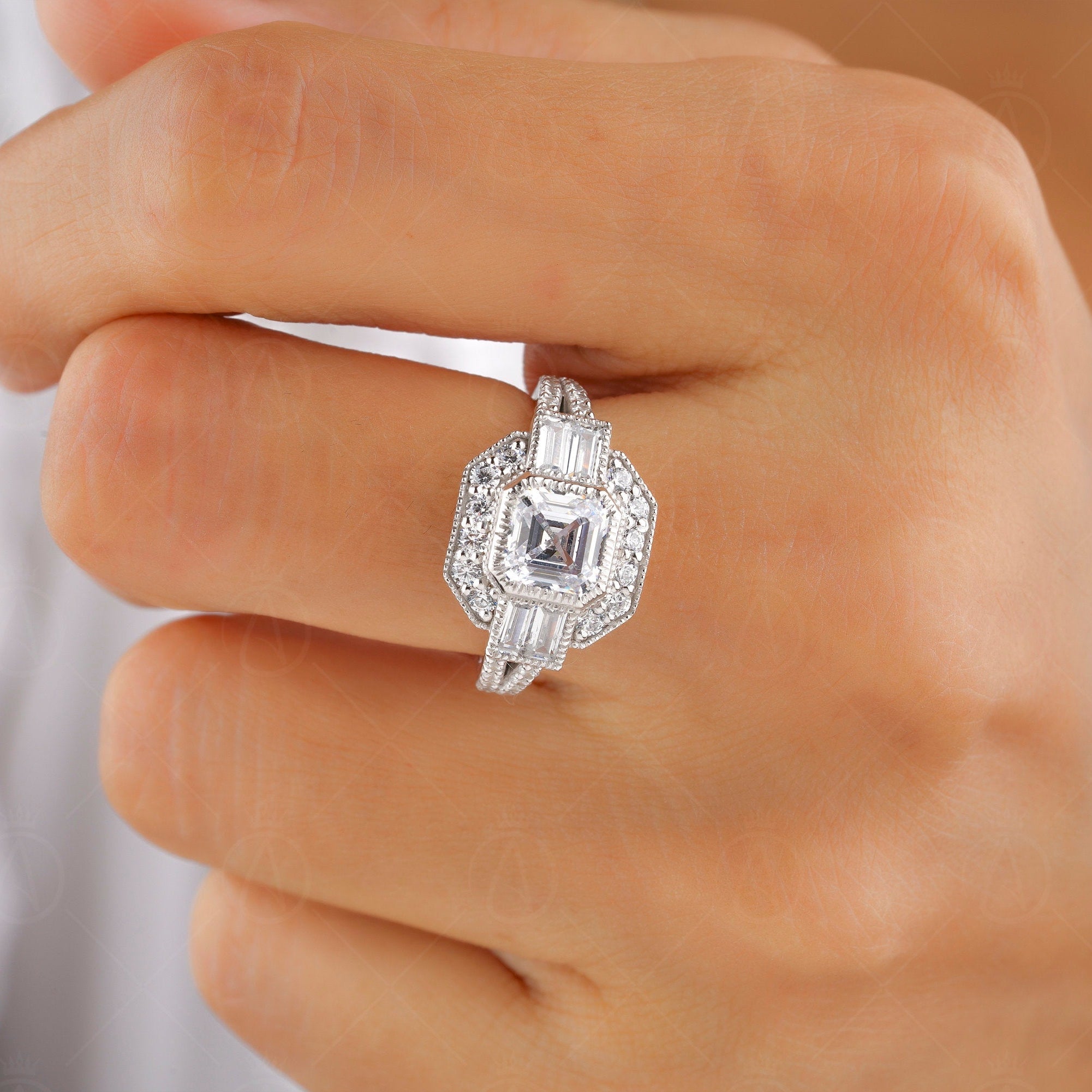Asscher Cut Moissanite Art Deco Ring, Vintage Style Engagement Ring, Split Shank Ring, Unique Moissanite Diamond Ring, Promise Ring For Her