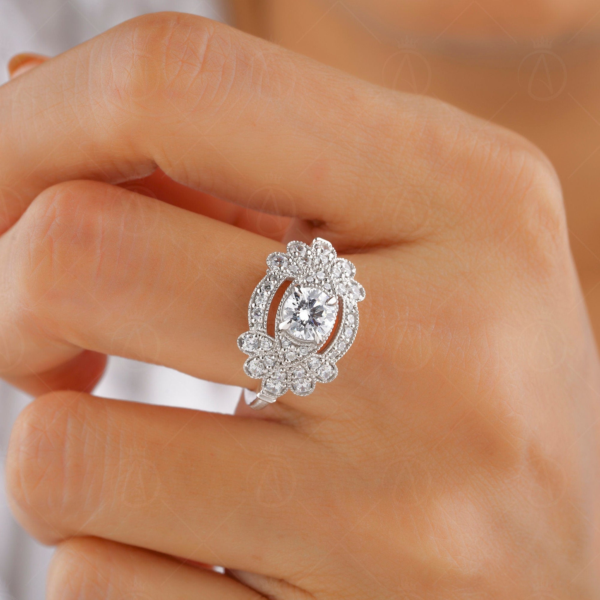 Edwardian Moissanite Engagement Ring, Art Deco Vintage Inspired Ring, Milgrain Wedding Ring, Moissanite Unique Promise Rings For Women