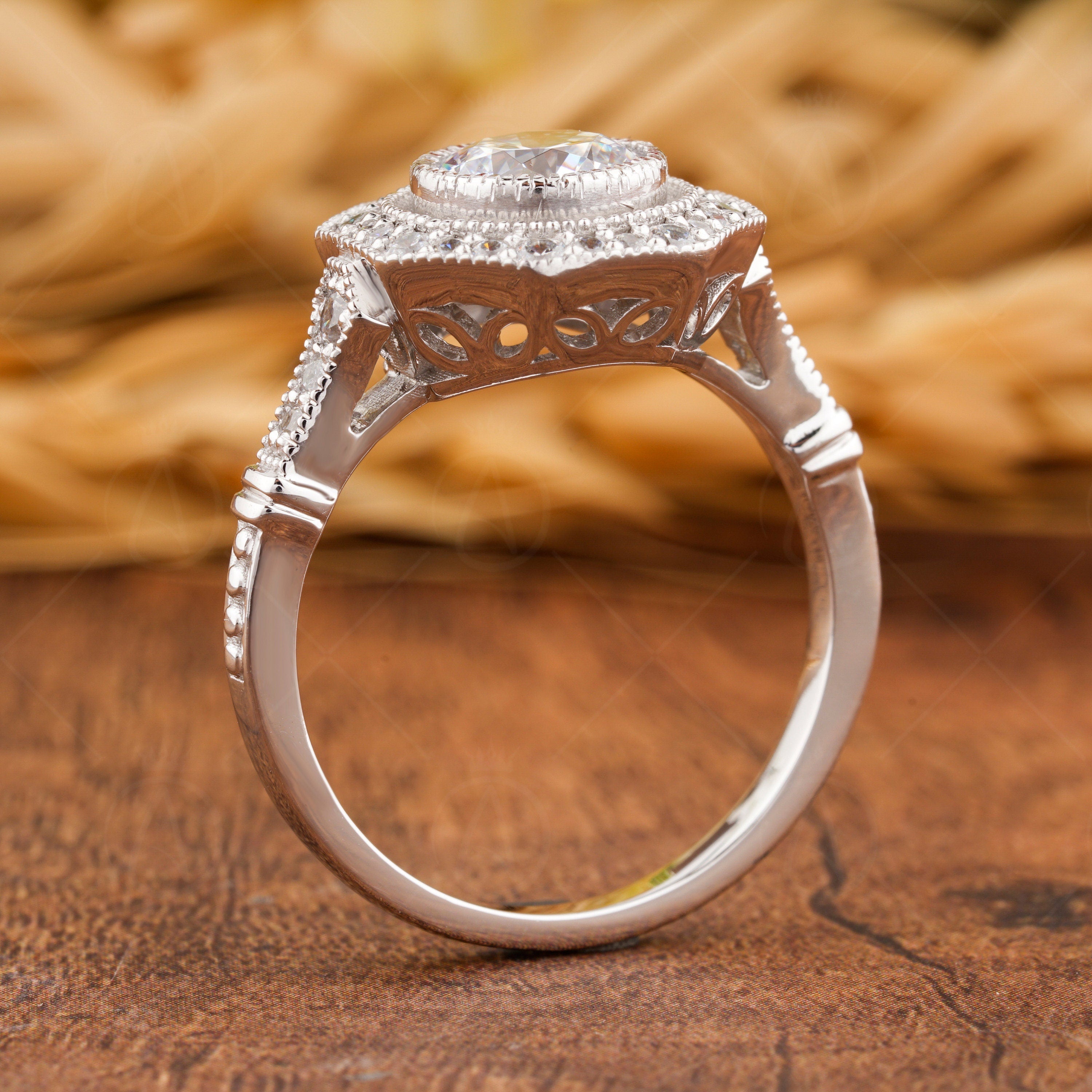 Octagon Shape Ring, Art Deco Style Moissanite Ring, Vintage Inspired Halo Engagement Ring, Antique Milgrain Ring, Bezel Set Round Ring Women