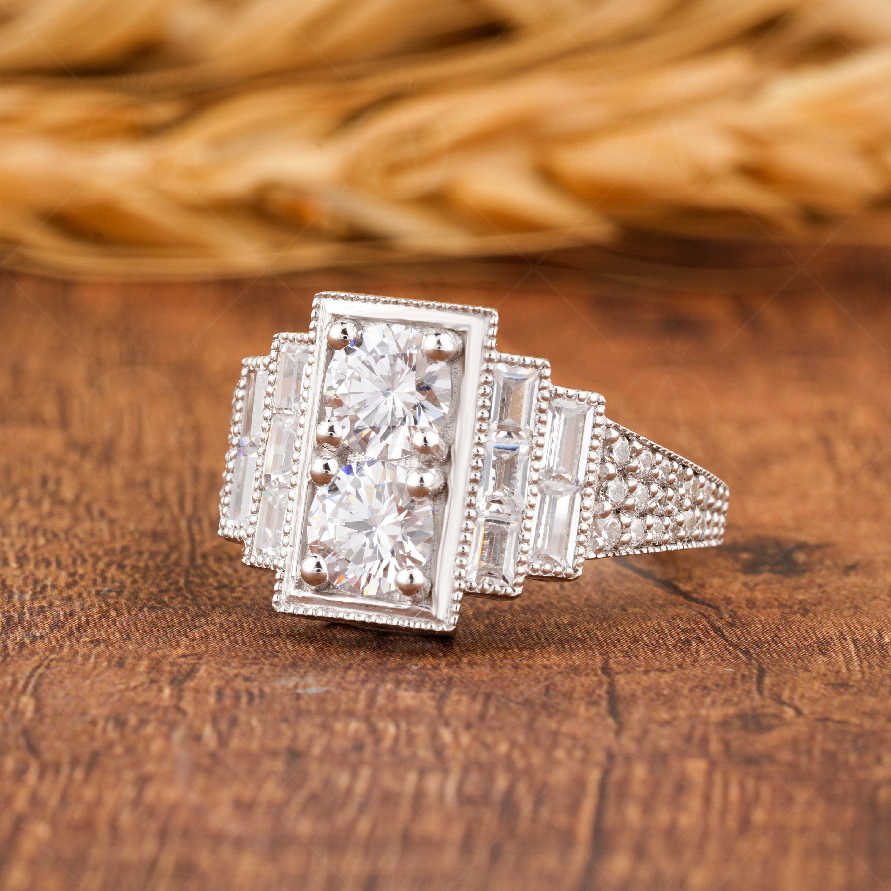 Edwardian Style Two Stone Round Engagement Ring, Antique Art Deco Inspired Ring, Vintage Moissanite Ring, Milgrain Promise Rings For Women