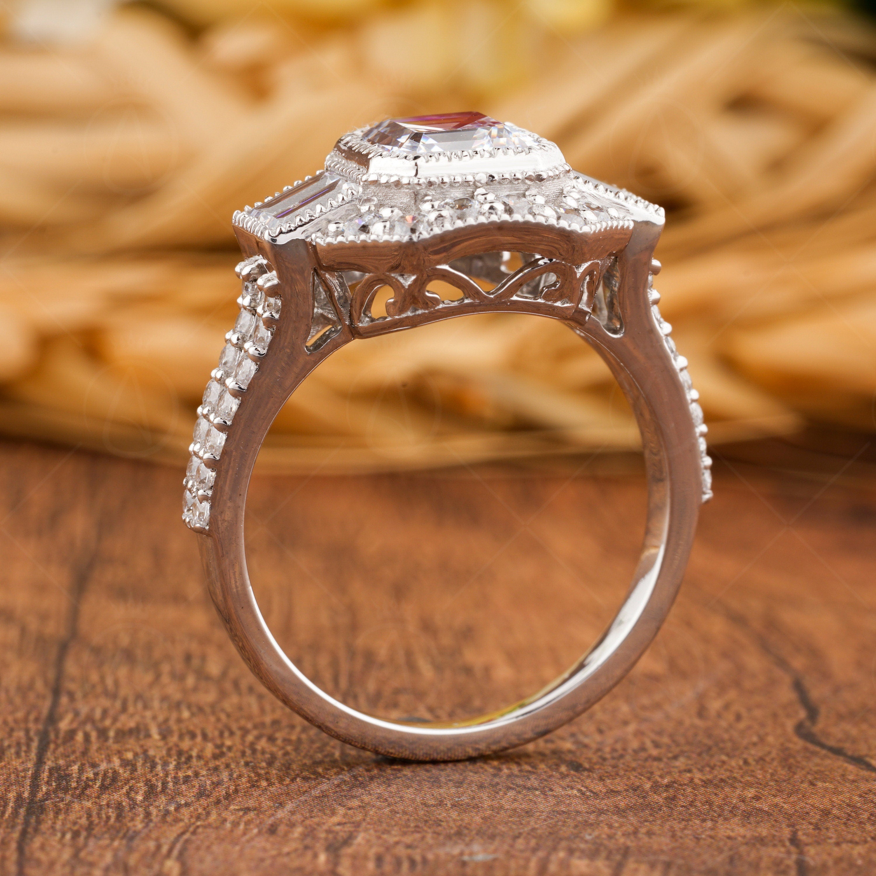 Asscher Cut Moissanite Art Deco Ring, Vintage Style Engagement Ring, Split Shank Ring, Unique Moissanite Diamond Ring, Promise Ring For Her