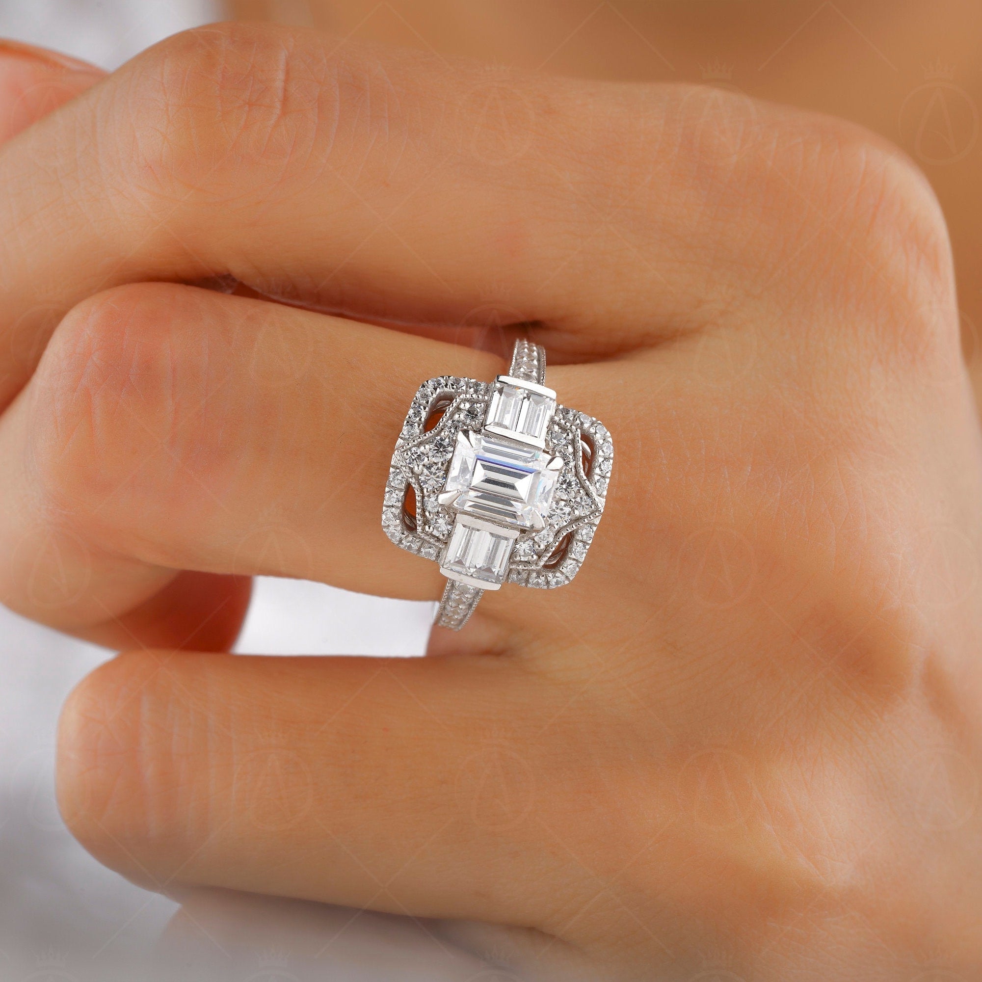 Emerald Cut Moissanite Ring, Art Deco Style Engagement Ring, Antique Vintage Ring, Milgrain Ring, Promise Rings Women, Rectangle Stone Ring