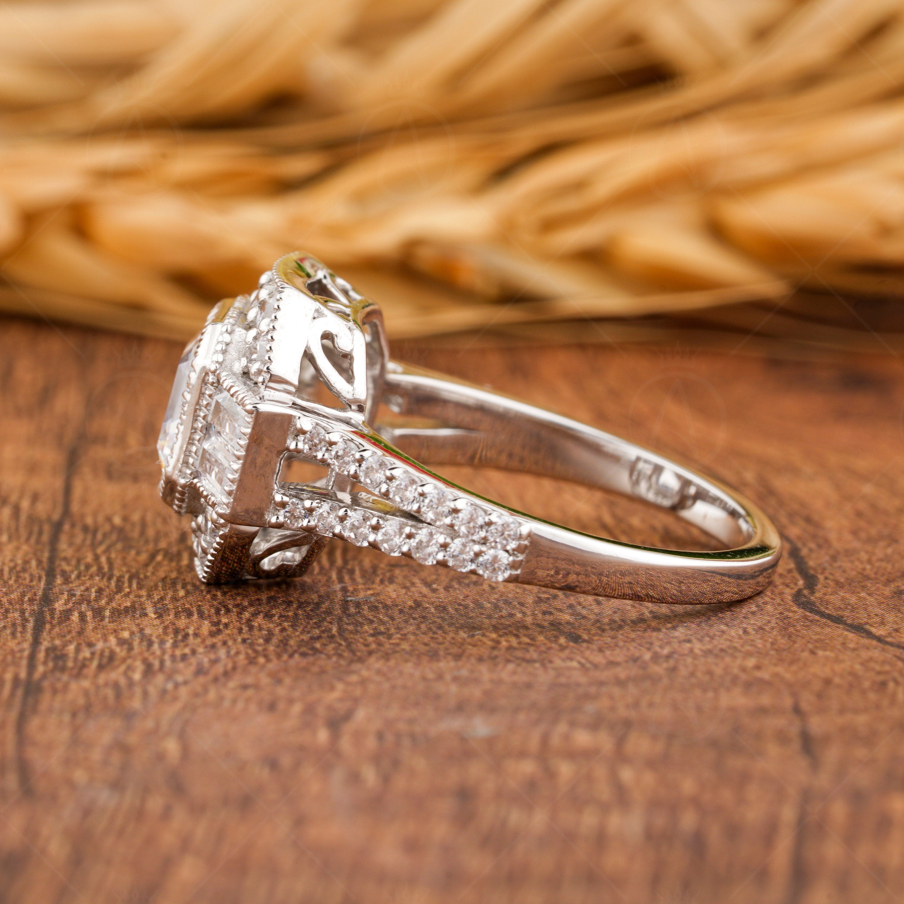 Asscher Cut Moissanite Art Deco Ring, Vintage Style Engagement Ring, Split Shank Ring, Unique Moissanite Diamond Ring, Promise Ring For Her