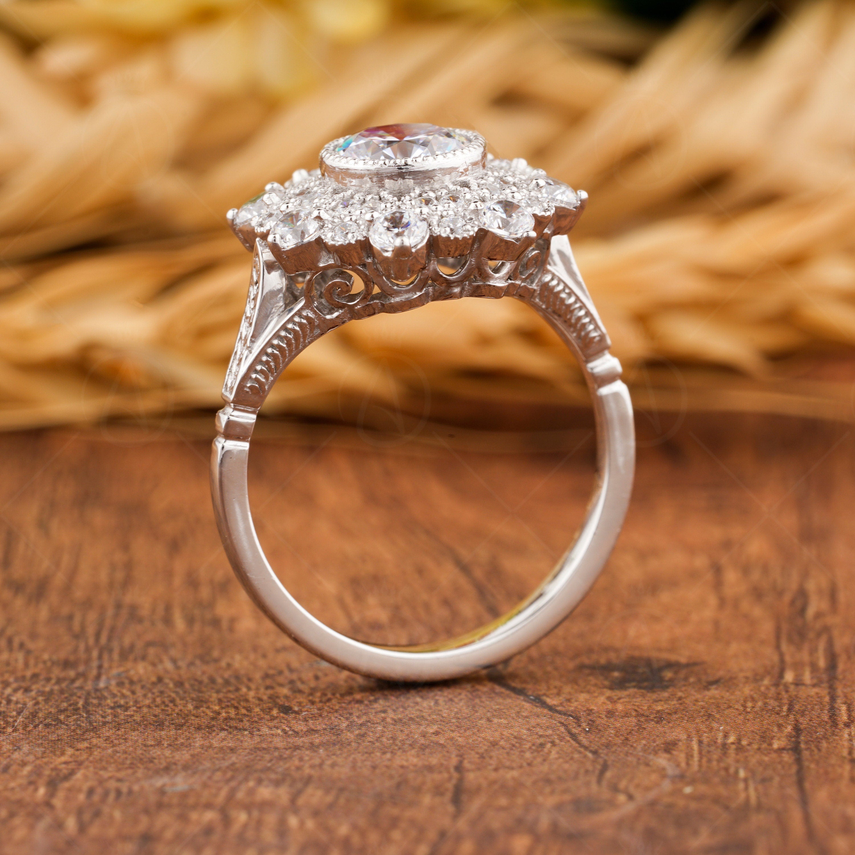 1940s Vintage Inspired Engagement Ring, Art Deco Moissanite Double Halo Ring, Milgrain Ring, Estate Jewelry Rings For Women, Unique Ring
