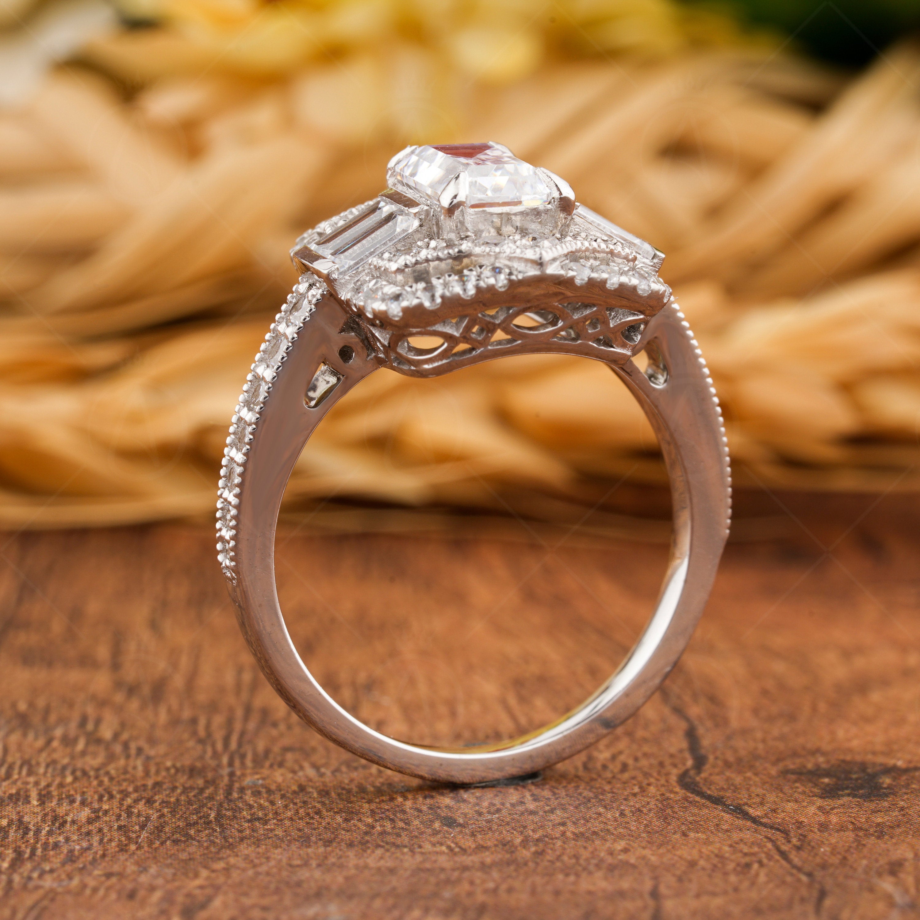 Emerald Cut Moissanite Ring, Art Deco Style Engagement Ring, Antique Vintage Ring, Milgrain Ring, Promise Rings Women, Rectangle Stone Ring