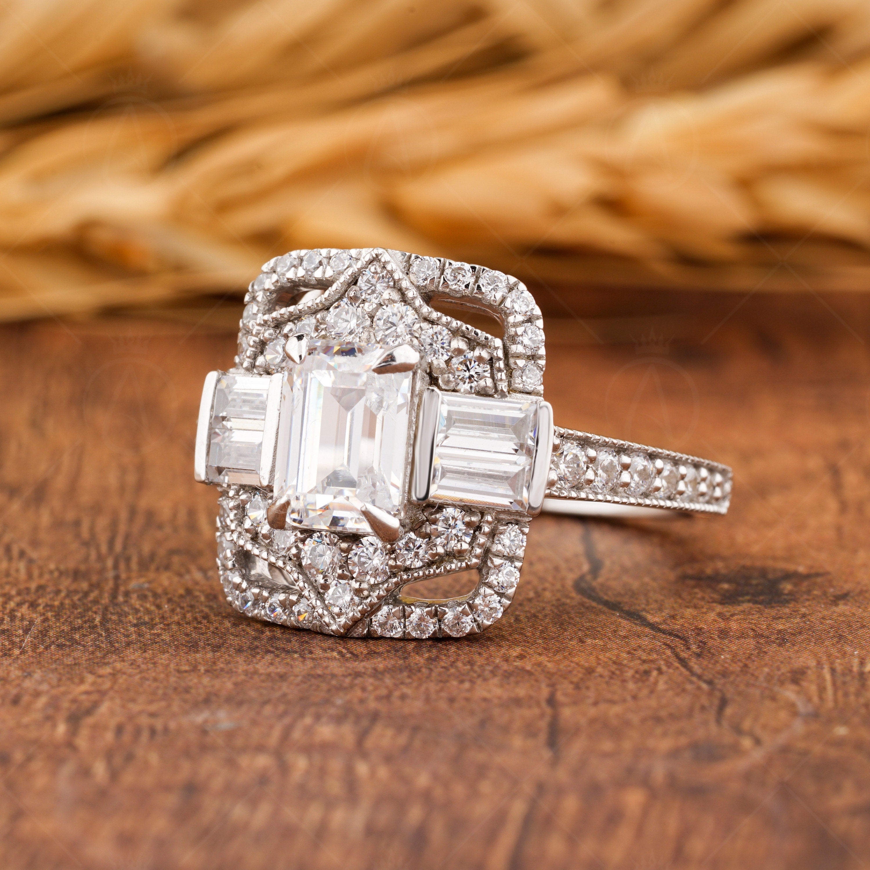 Emerald Cut Moissanite Ring, Art Deco Style Engagement Ring, Antique Vintage Ring, Milgrain Ring, Promise Rings Women, Rectangle Stone Ring