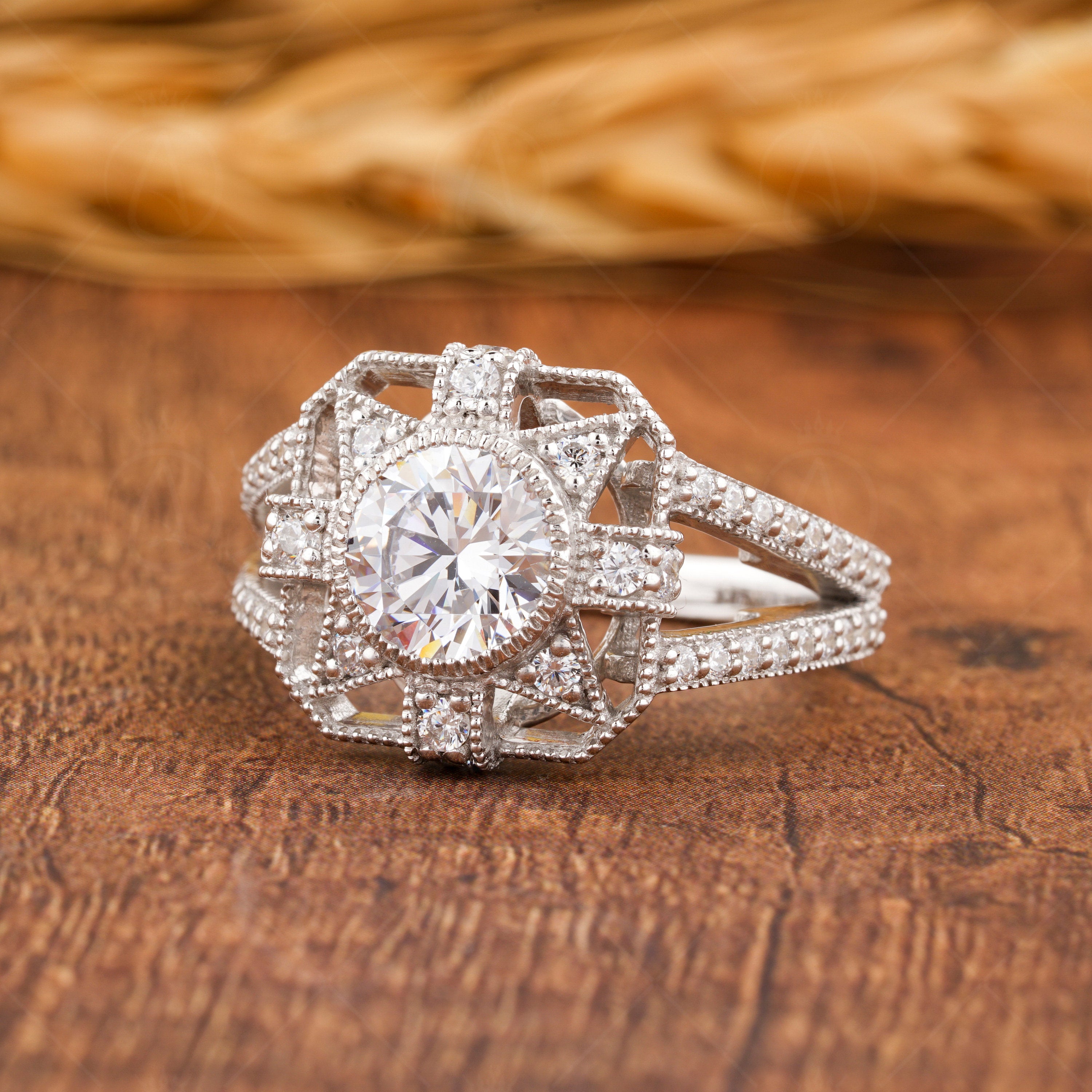 1920s Antique Vintage Inspired Ring, Art Deco Moissanite Ring, Art Deco Milgrain Engagement Ring, Unique Split Shank Ring, Rings For Women