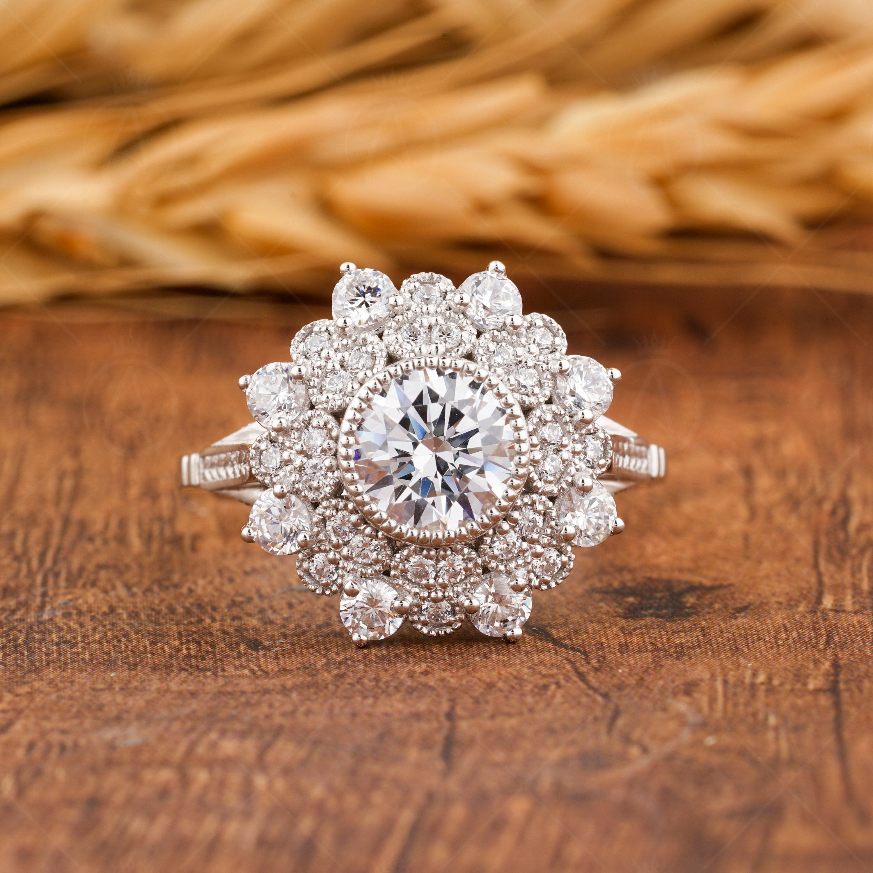 1940s Vintage Inspired Engagement Ring, Art Deco Moissanite Double Halo Ring, Milgrain Ring, Estate Jewelry Rings For Women, Unique Ring
