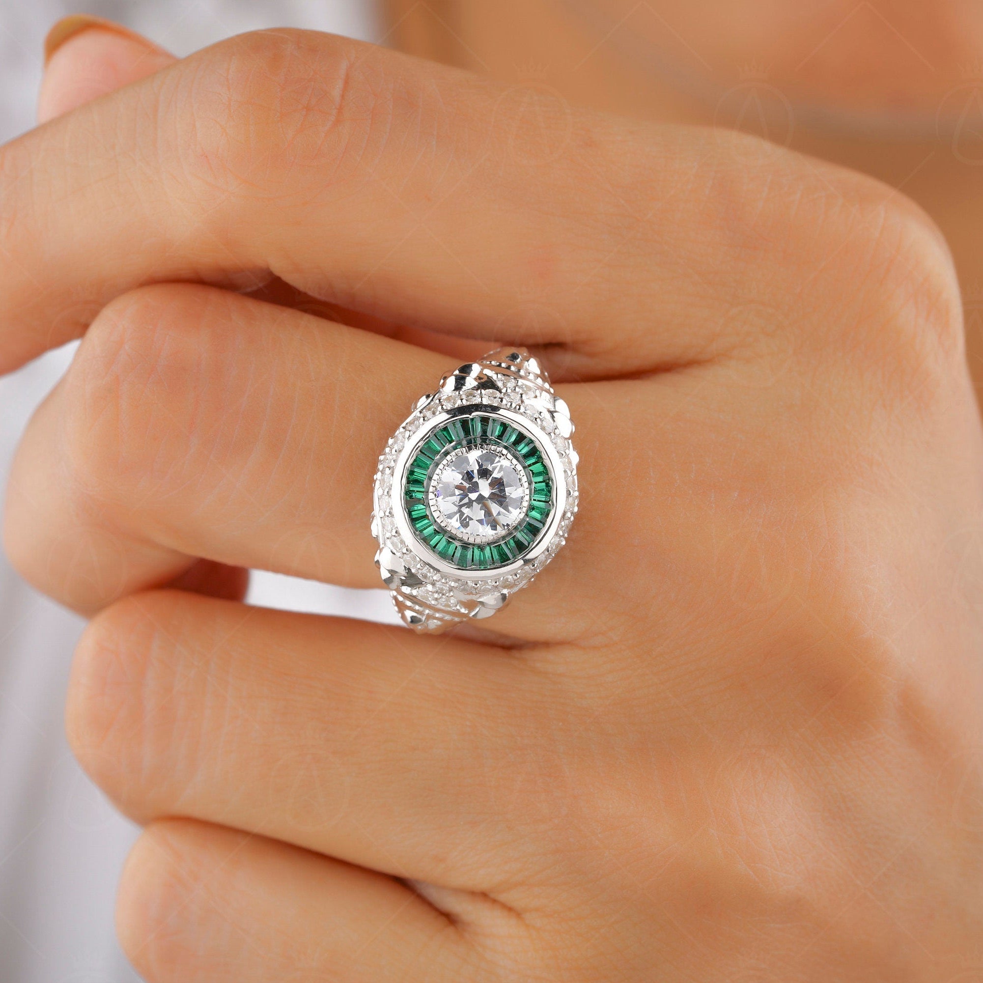 Emerald Target Ring, Emerald Estate Rings For Women, White Moissanite Flower Ring, Antique Art Deco Engagement Ring, Nature Inspired Ring