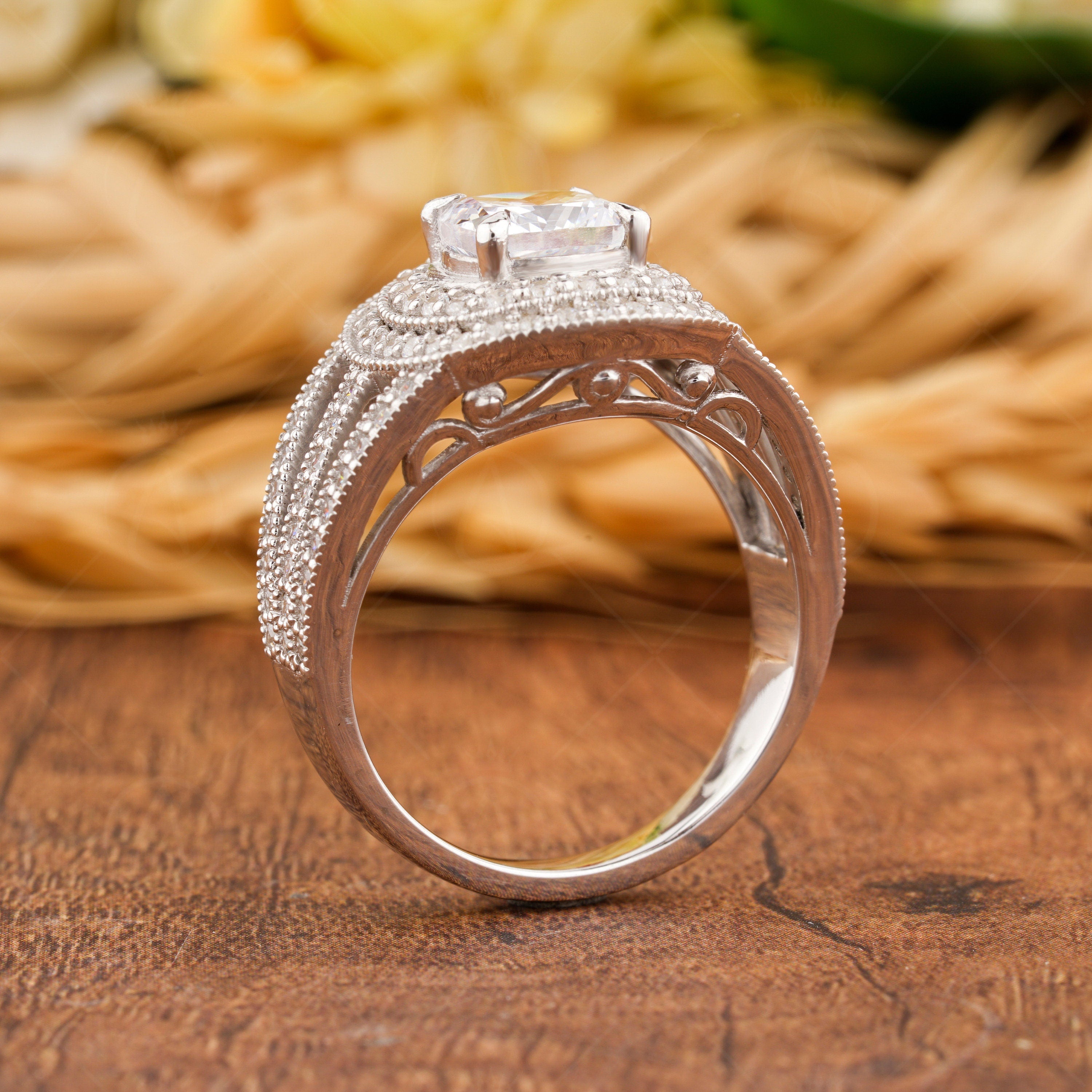 Double Halo Moissanite Ring, Cushion Cut Vintage Engagement Ring, Split Shank Art Deco Ring, Big Cocktail Ring, Promise Ring For Women