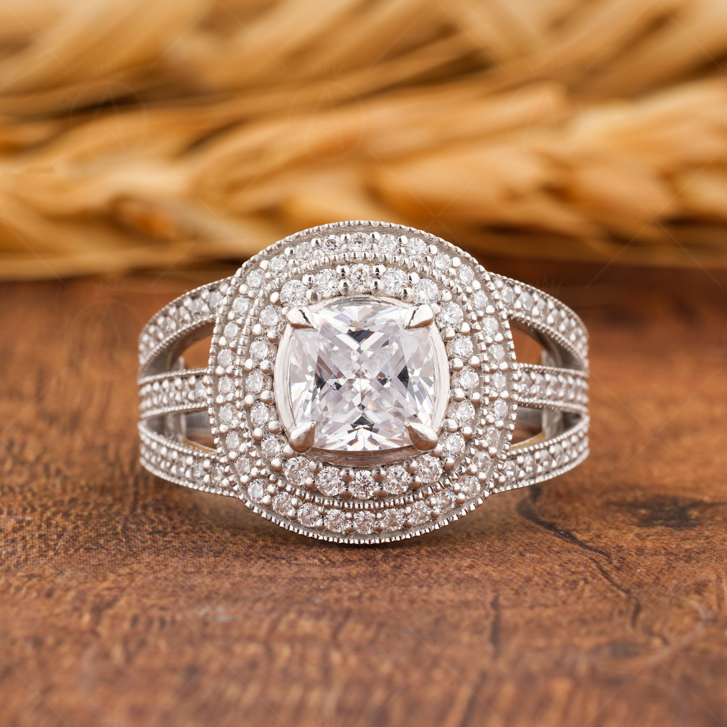 Double Halo Moissanite Ring, Cushion Cut Vintage Engagement Ring, Split Shank Art Deco Ring, Big Cocktail Ring, Promise Ring For Women