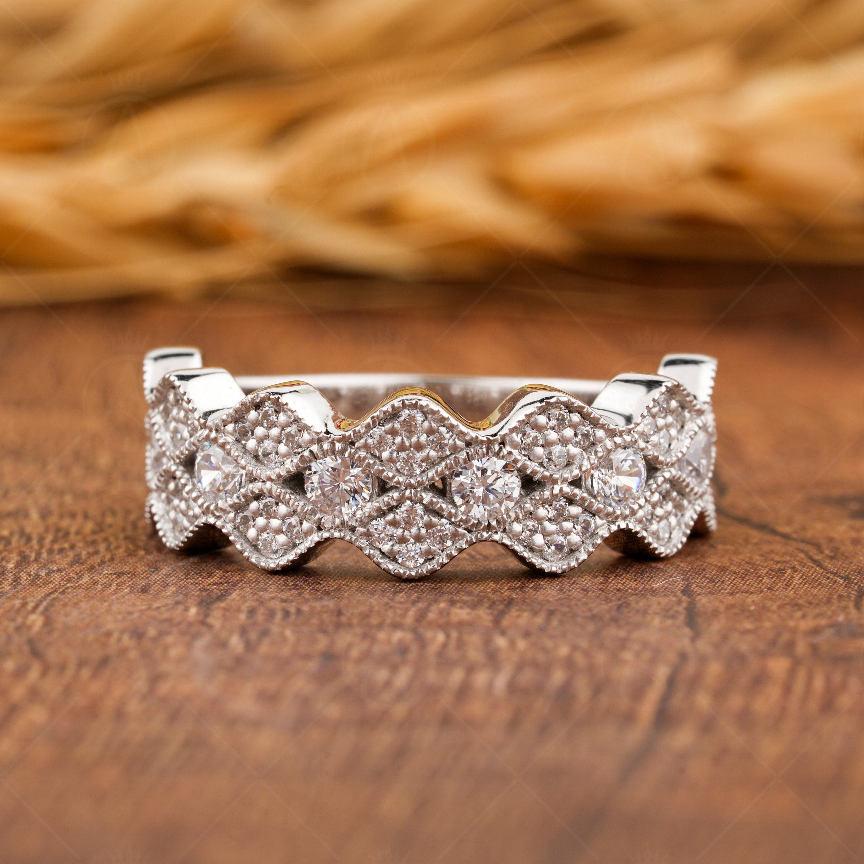 Art Deco Vintage Wedding Band Women, Moissanite Ring Band, Milgrain Vintage Band, Scalloped Edge Band, Unique Moissanite Anniversary Bands