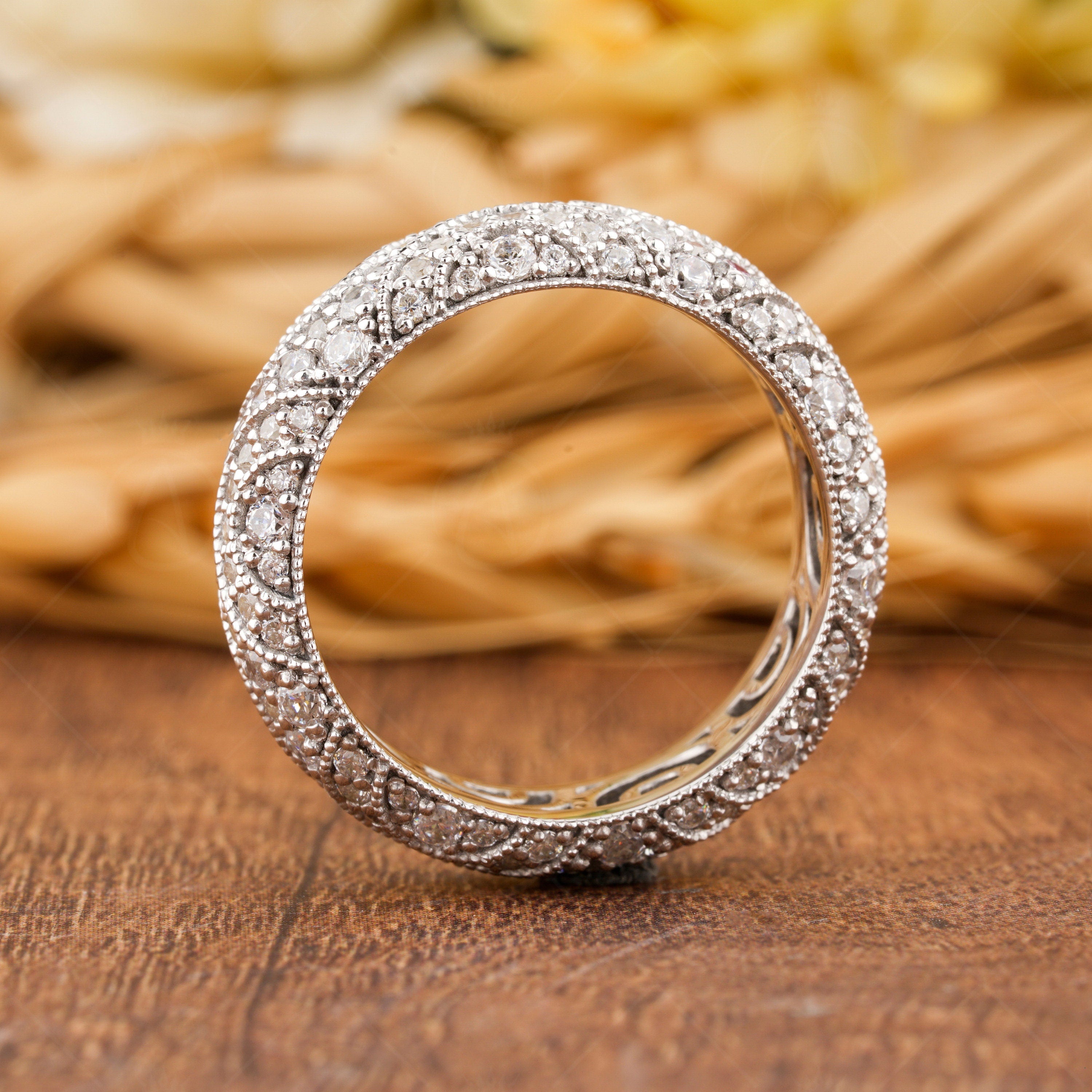 Estate Wedding Band, Vintage Milgrain Wedding Bands Women, Art Deco Moissanite Full Eternity Band, Wide Anniversary Bands, Antique Band Ring