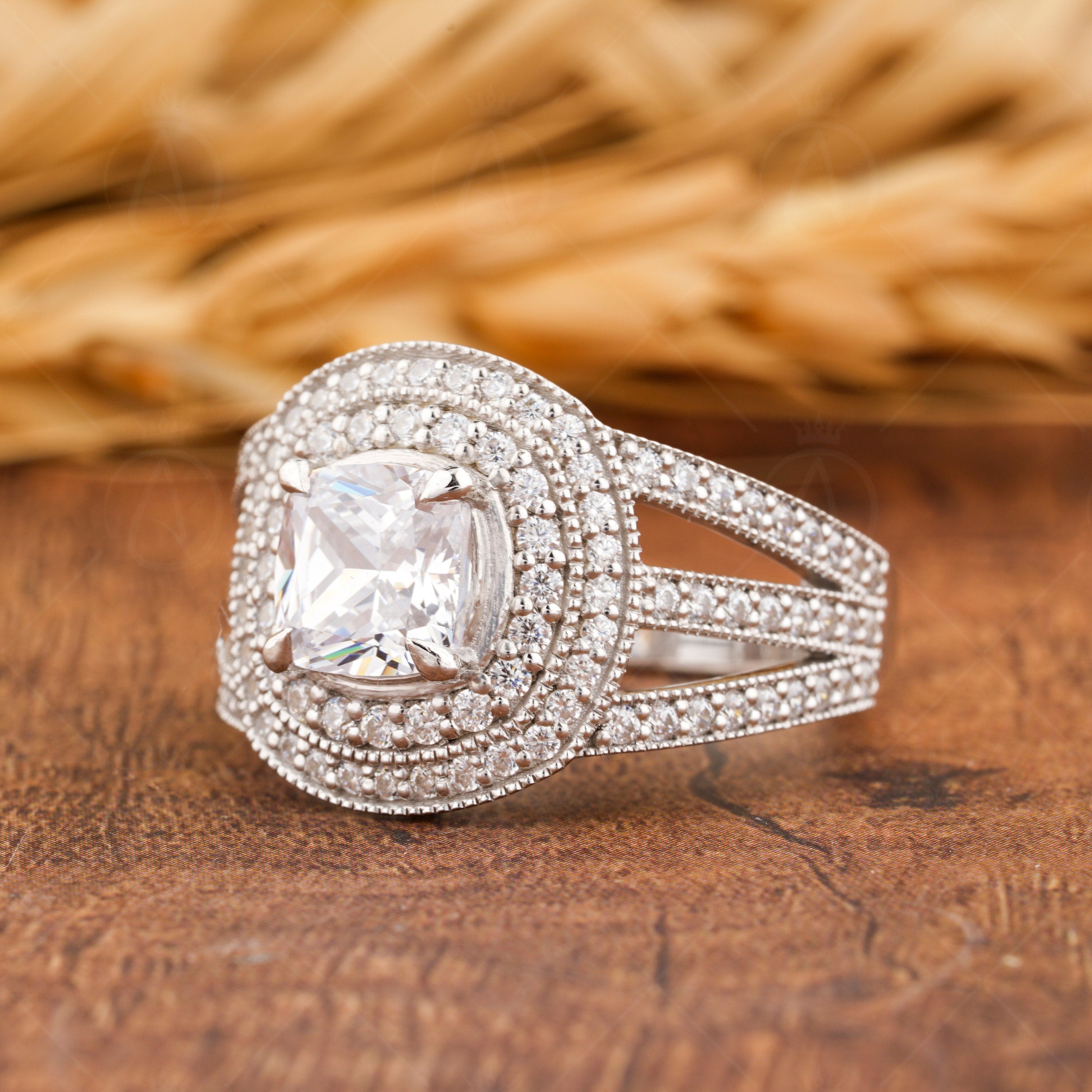 Double Halo Moissanite Ring, Cushion Cut Vintage Engagement Ring, Split Shank Art Deco Ring, Big Cocktail Ring, Promise Ring For Women