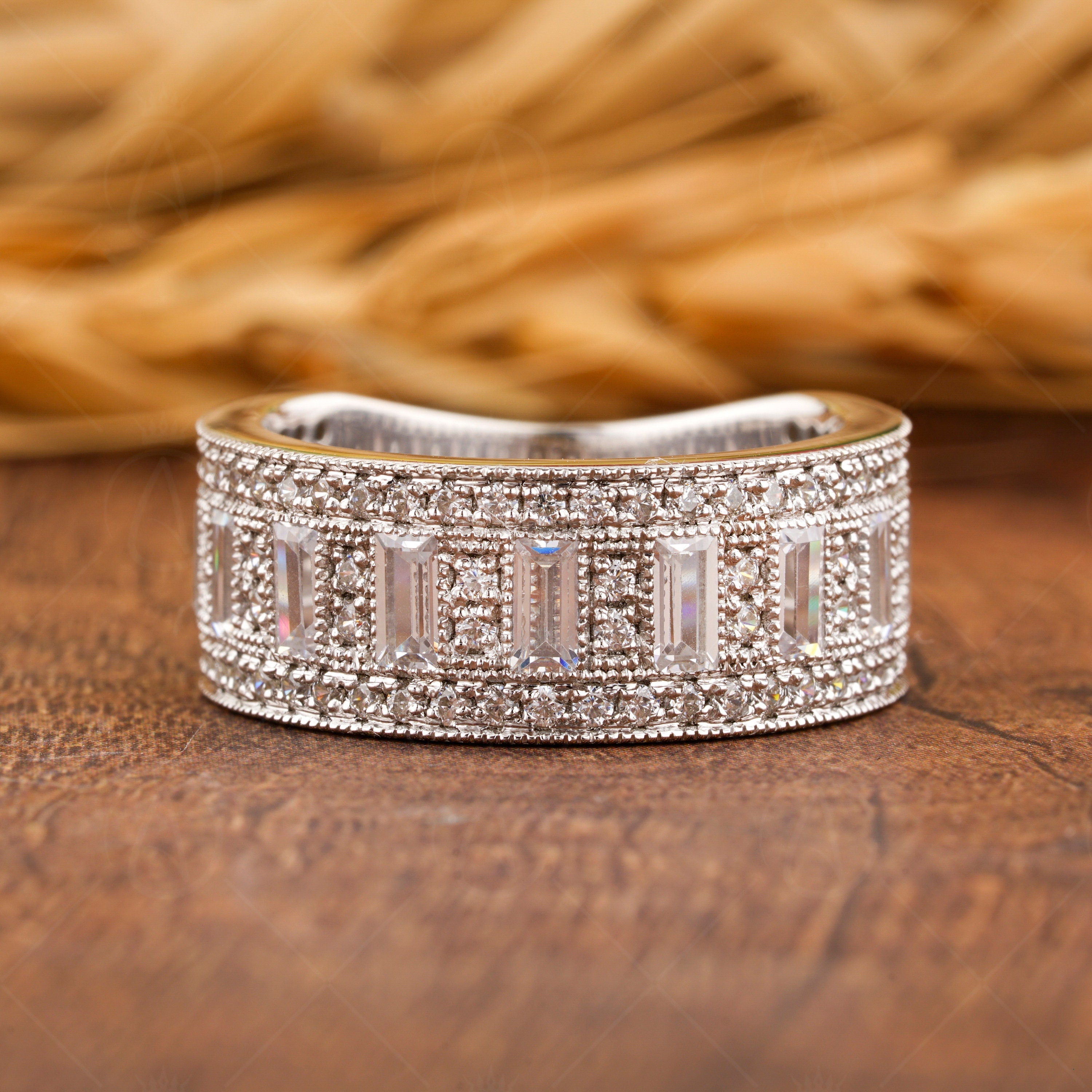 Vintage Milgrain Wedding Band, Wide Band Rings For Women, Baguette And Round Anniversary Band, Unique Engagement Band, Art Deco Promise Band