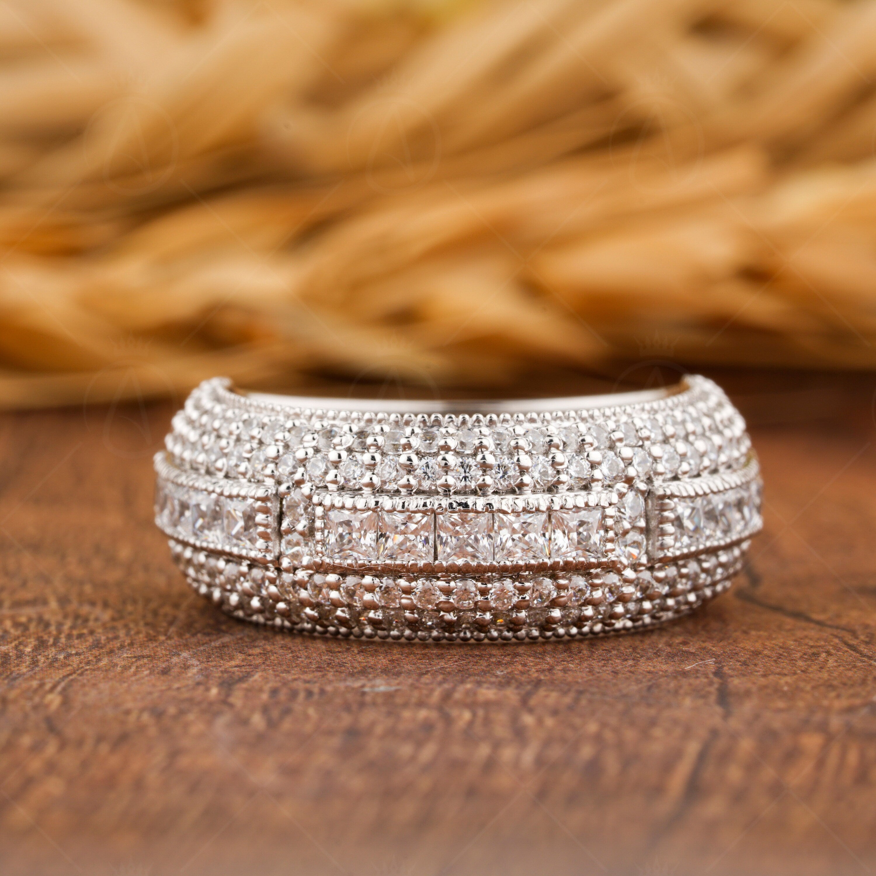 8mm Wide Band Rings For Women, Moissanite Anniversary Rings, Vintage Wedding Band Gold, Art Deco Promise Ring For Her, Milgrain Wide Band