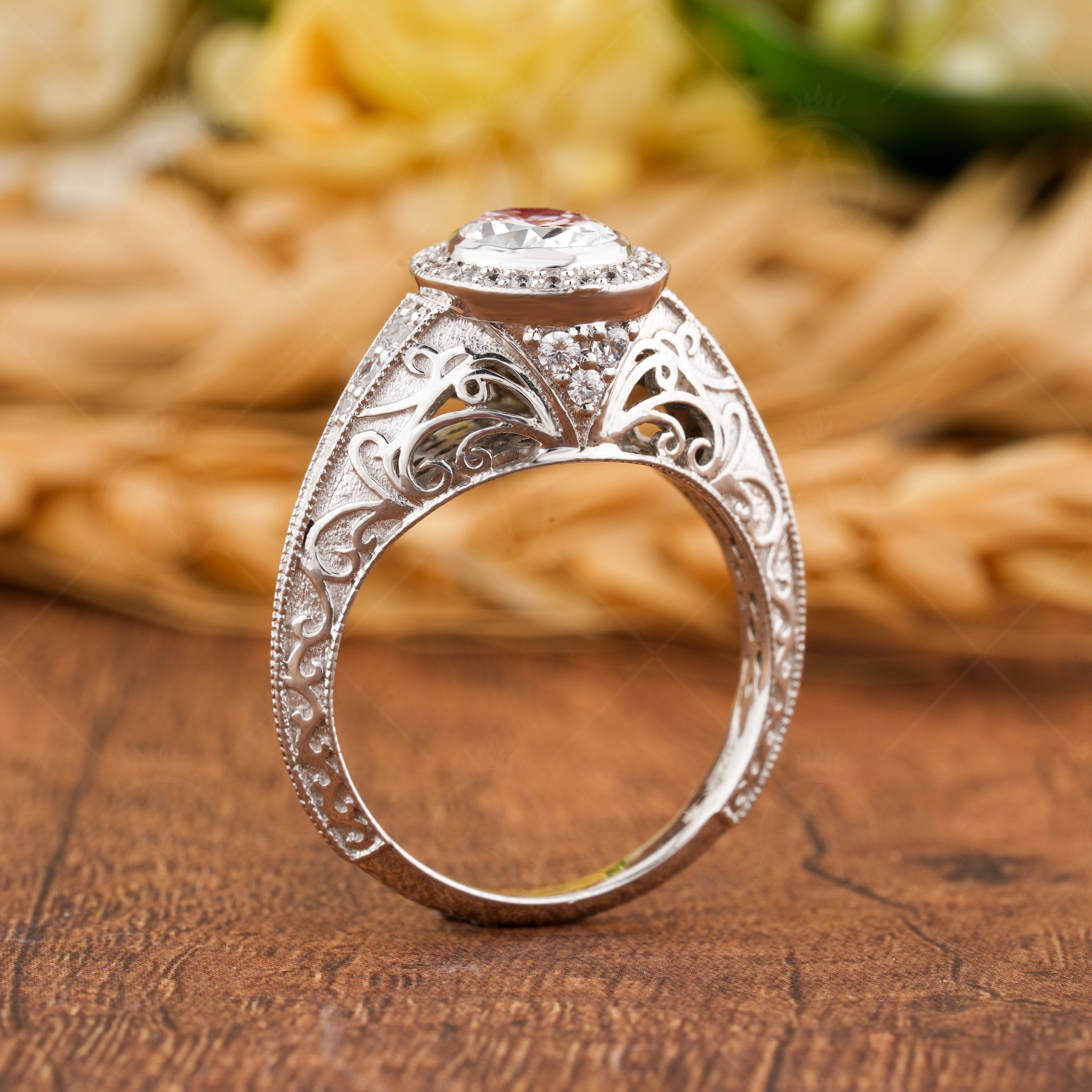 Edwardian Moissanite Engagement Ring, Bezel Set Oval Halo Ring, Antique Carving Ring, Art Deco Vintage Ring, 1920s Style Promise Ring Women