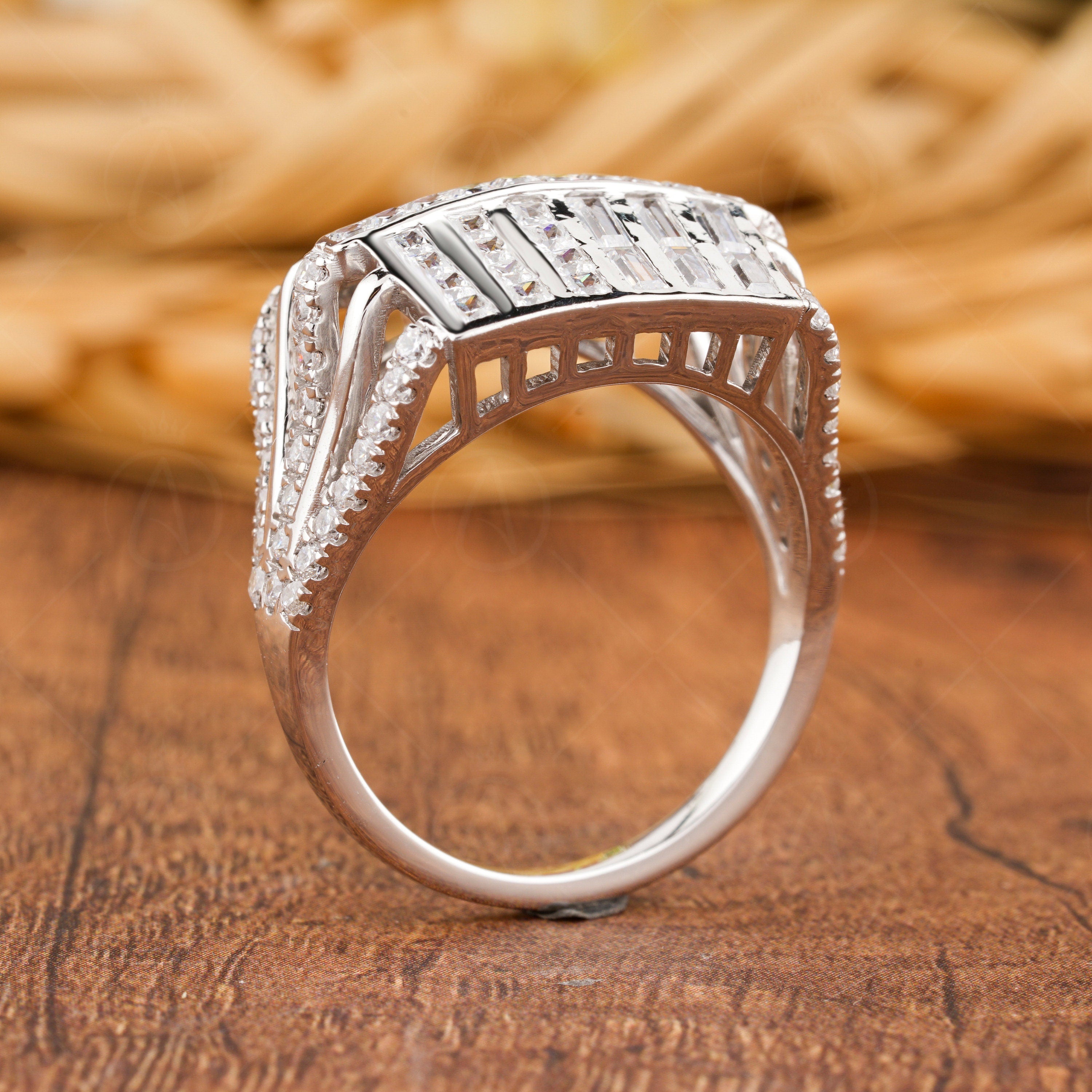 Dome Style Statement Ring, Women's Cocktail Ring, Art Deco Engagement Ring, Moissanite Diamond Ring, Chunky Silver Ring, Unique Dome Ring