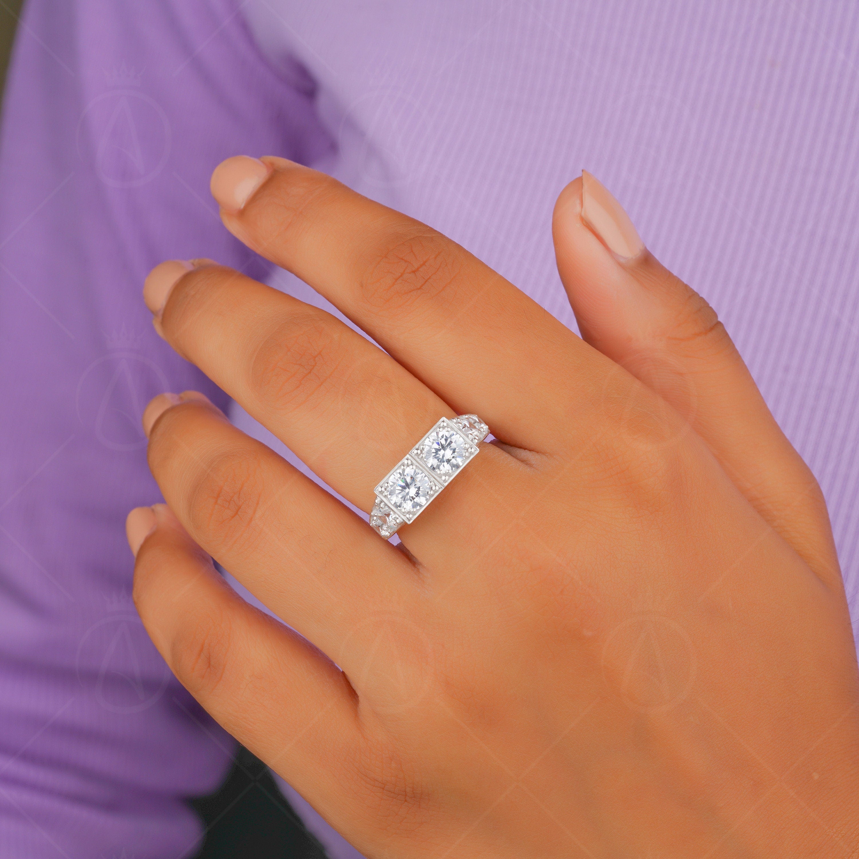 Two Stone Vintage Engagement Ring, 1920s Edwardian Style Moissanite Ring, Double Round Stone Ring, Unique Gold Promise Rings For Women,