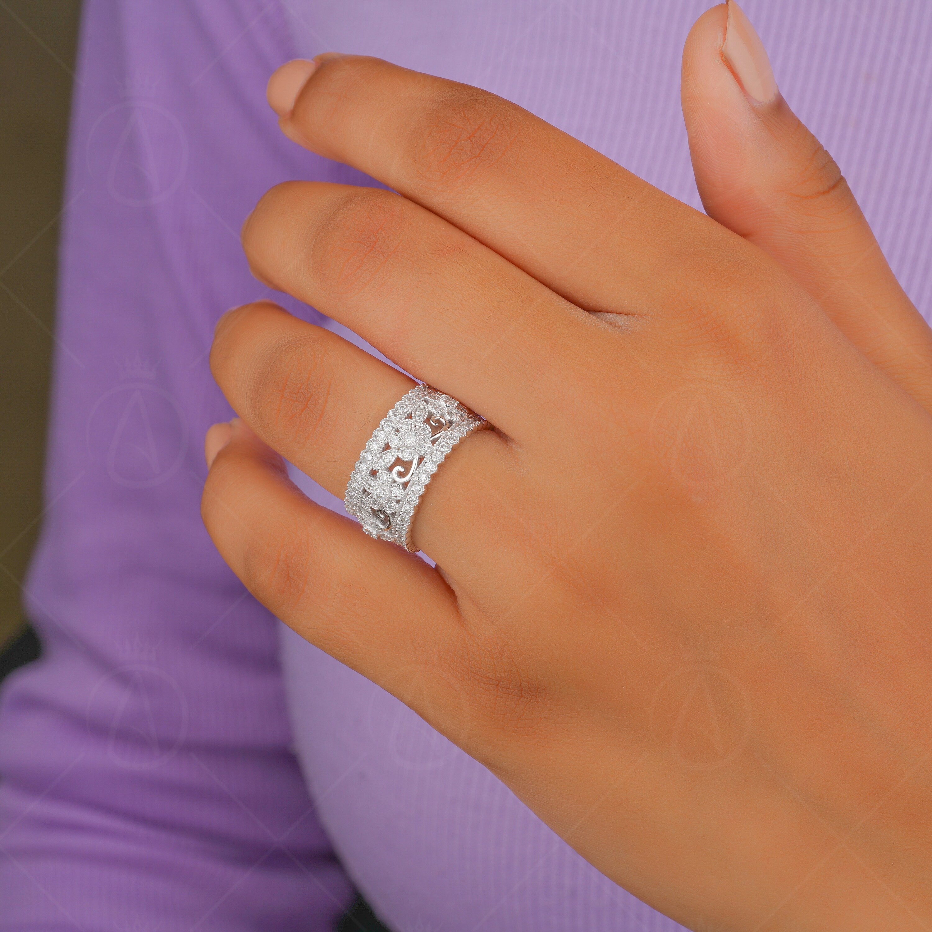 Flower Nature Inspired Wedding Bands For Women, Moissanite Full Eternity Anniversary Band, Art Deco Leaf And Vine Milgrain Wide Band Ring