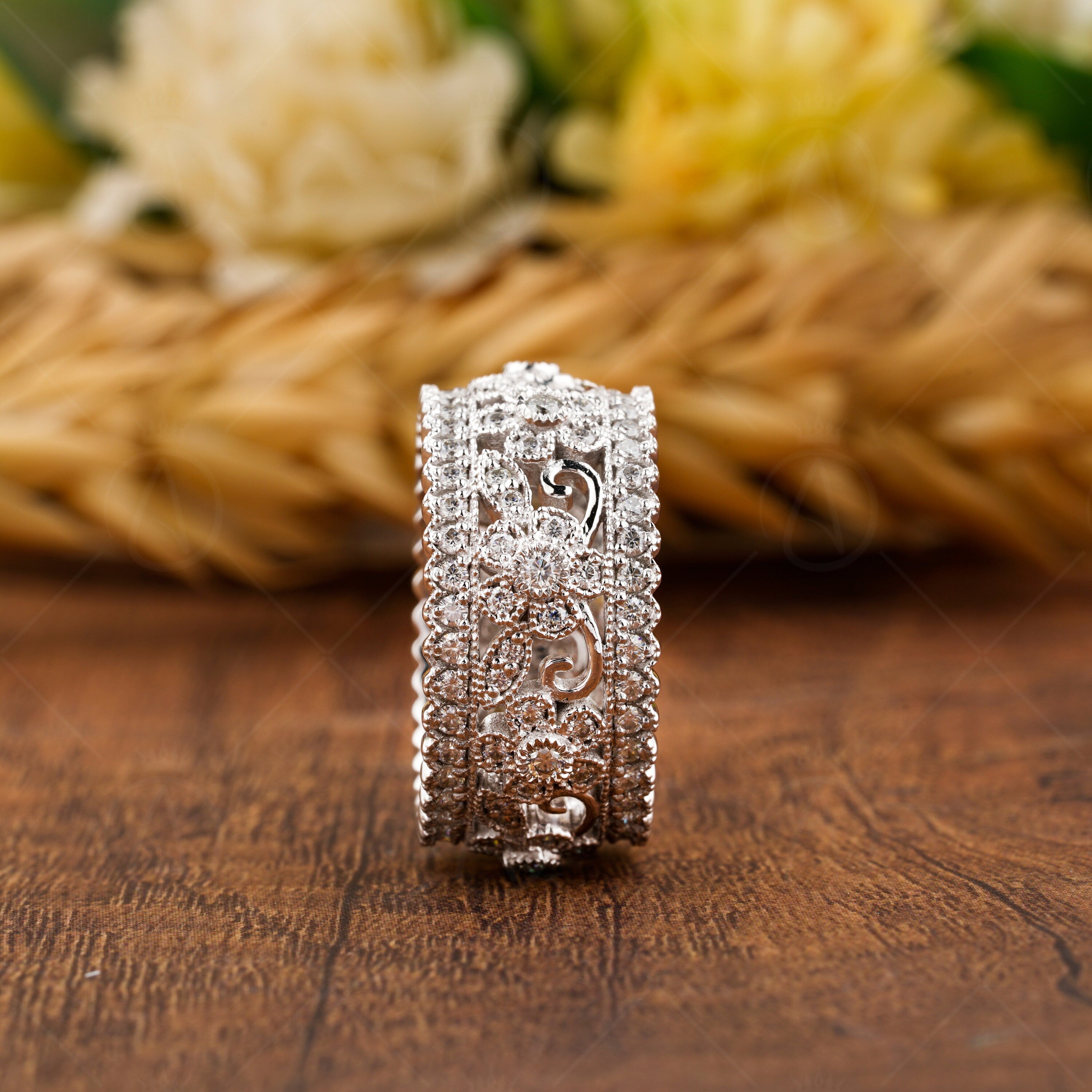 Flower Nature Inspired Wedding Bands For Women, Moissanite Full Eternity Anniversary Band, Art Deco Leaf And Vine Milgrain Wide Band Ring