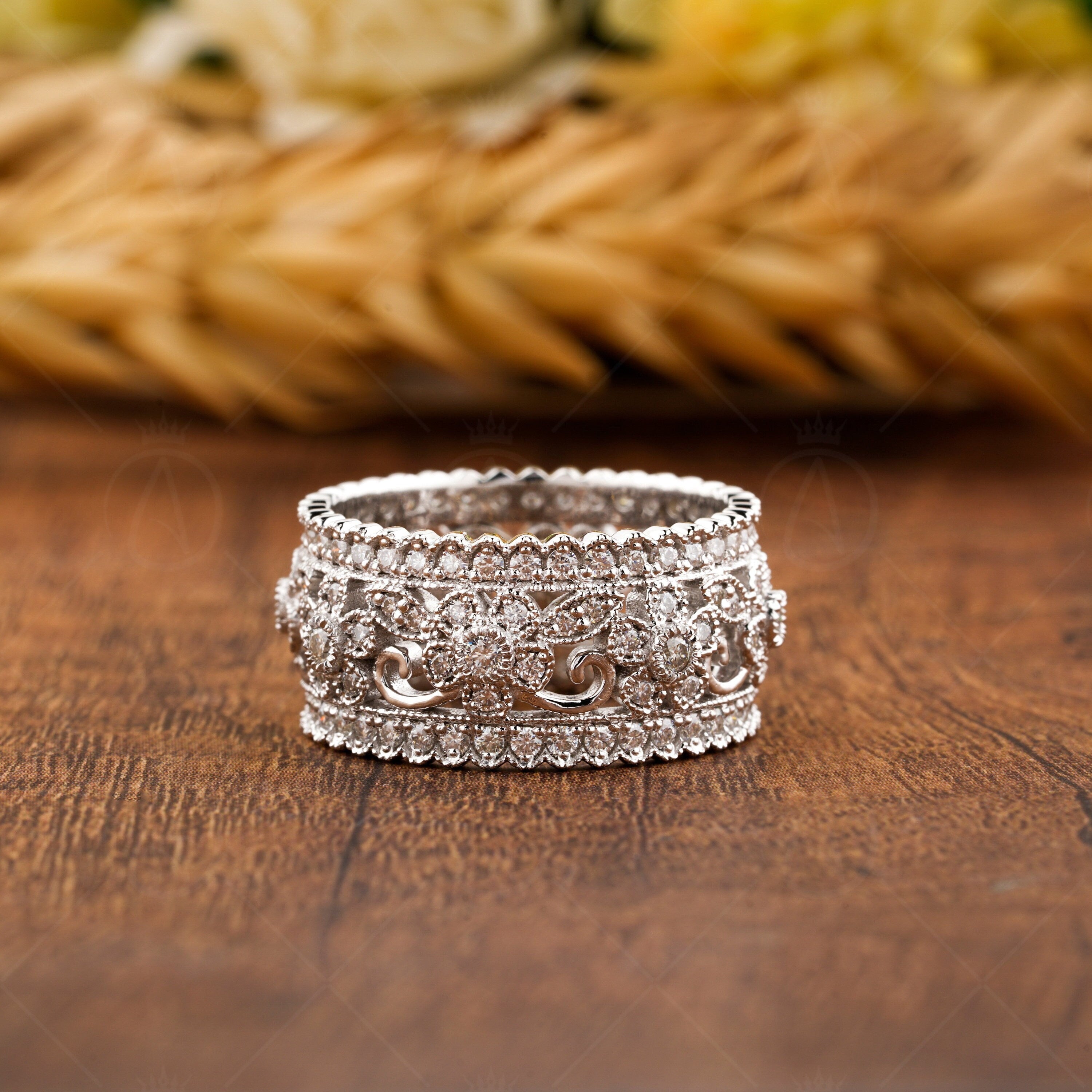 Flower Nature Inspired Wedding Bands For Women, Moissanite Full Eternity Anniversary Band, Art Deco Leaf And Vine Milgrain Wide Band Ring