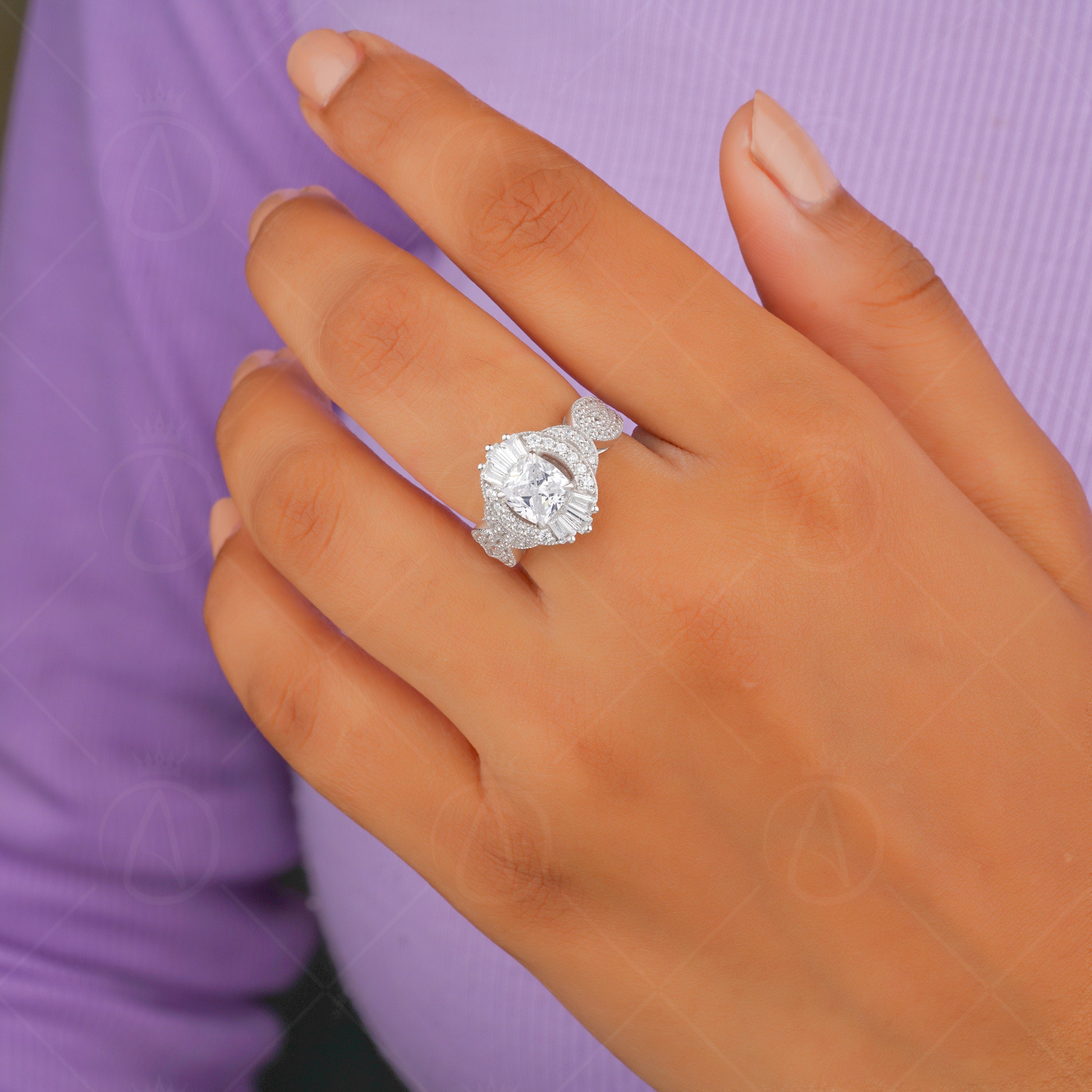 Cushion Cut Moissanite Art Deco Engagement Ring, Unique Milgrain Rings For Women, Silver & Gold Vintage Inspired Ring, Promise Ring For Her