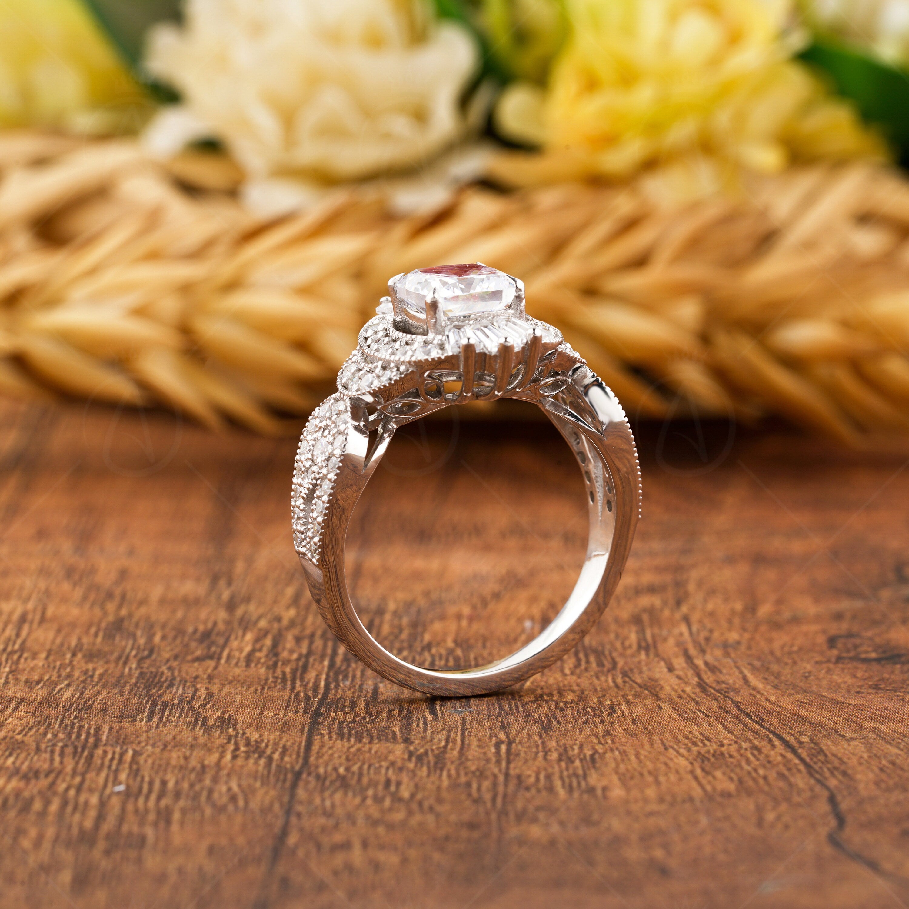 Cushion Cut Moissanite Art Deco Engagement Ring, Unique Milgrain Rings For Women, Silver & Gold Vintage Inspired Ring, Promise Ring For Her