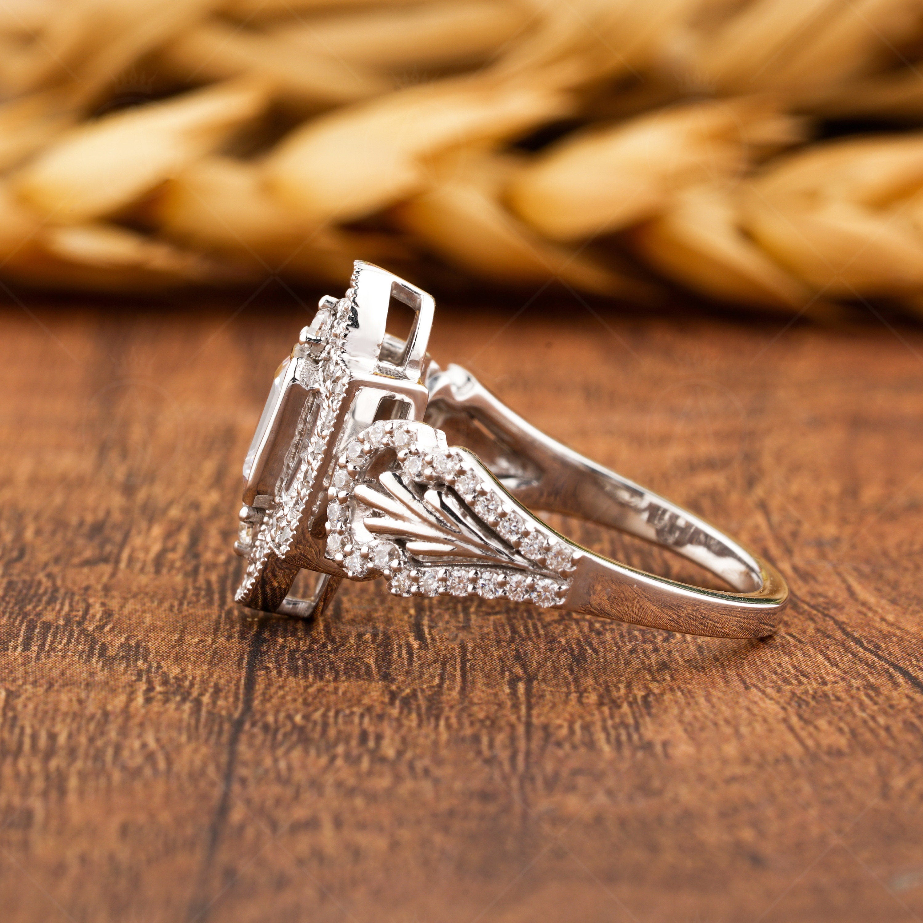 Art Deco Moissanite Rings For Women, Edwardian Style Inspired Engagement Ring, Unique Emerald Cut Vintage Milgrain Ring, Promise Ring For Her