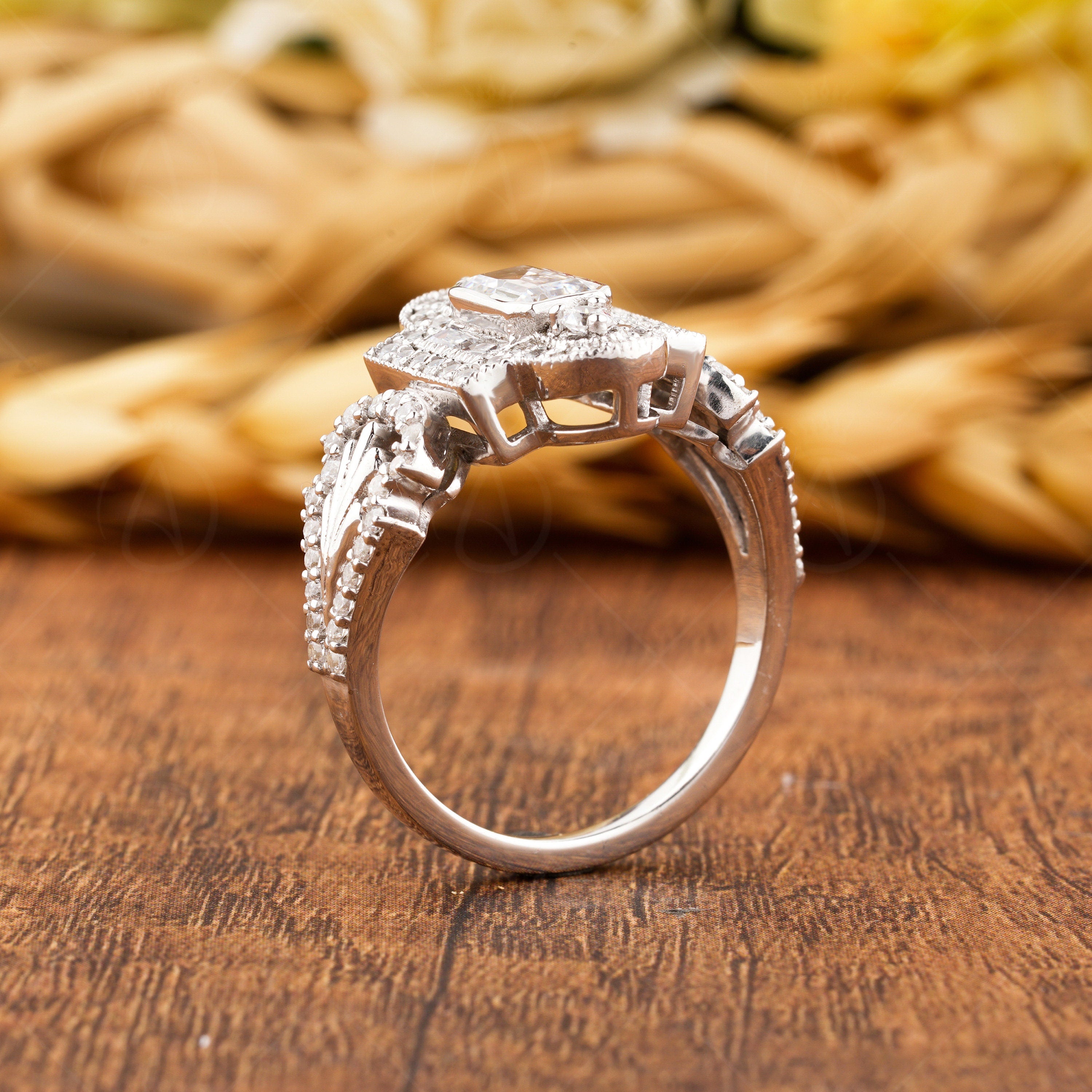 Art Deco Moissanite Rings For Women, Edwardian Style Inspired Engagement Ring, Unique Emerald Cut Vintage Milgrain Ring, Promise Ring For Her