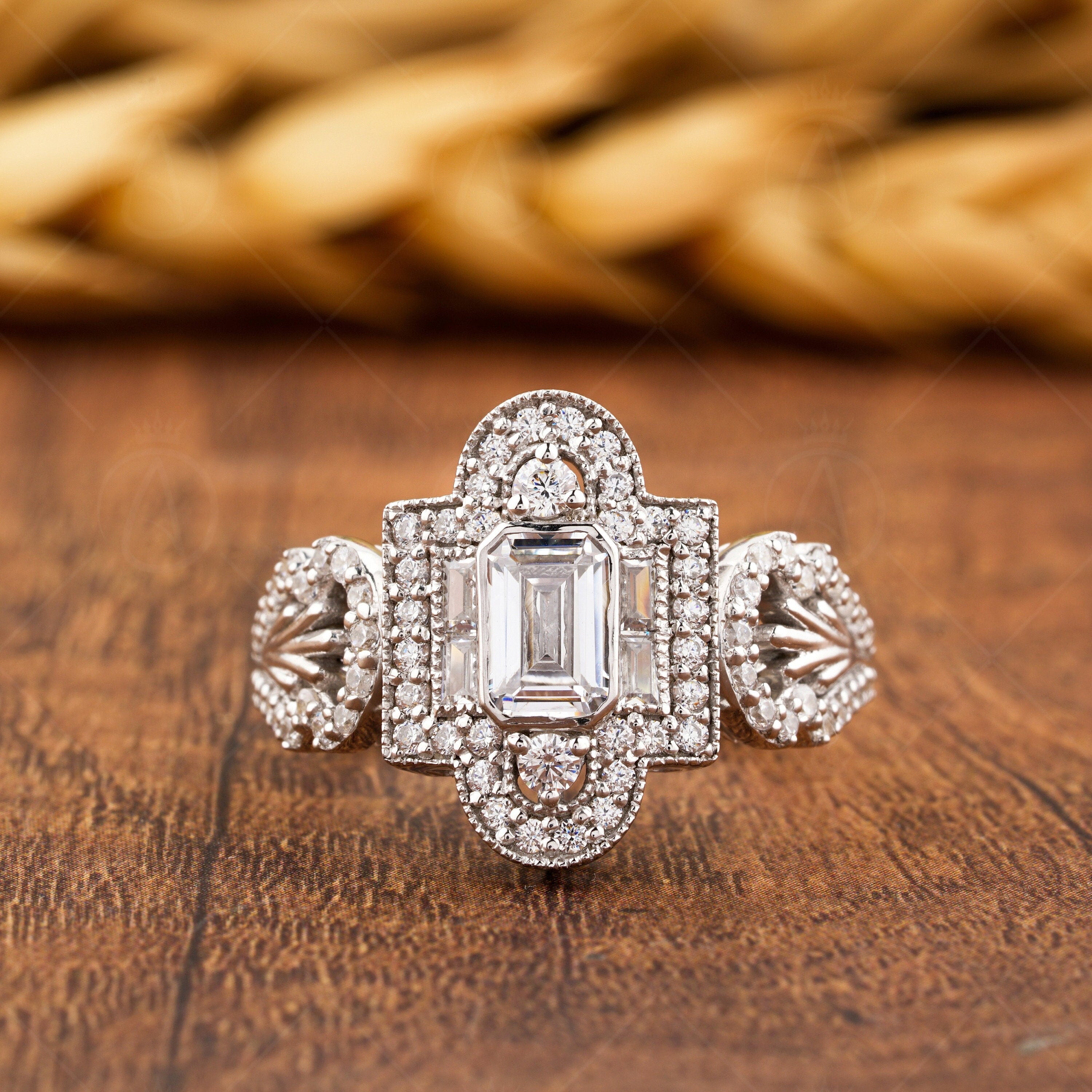 Art Deco Moissanite Rings For Women, Edwardian Style Inspired Engagement Ring, Unique Emerald Cut Vintage Milgrain Ring, Promise Ring For Her