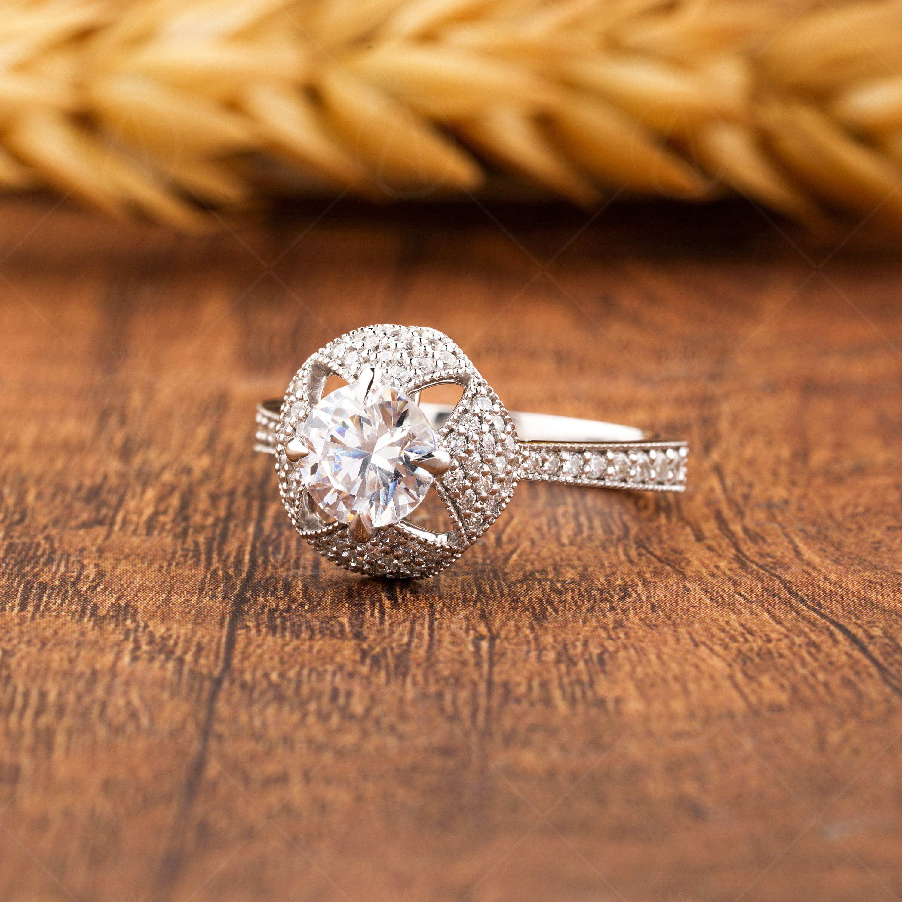 Art Deco Milgrain Rings For Women, Round Moissanite Unique Engagement Ring, Silver & Gold Promise Ring For Her, Vintage Moissanite Ring