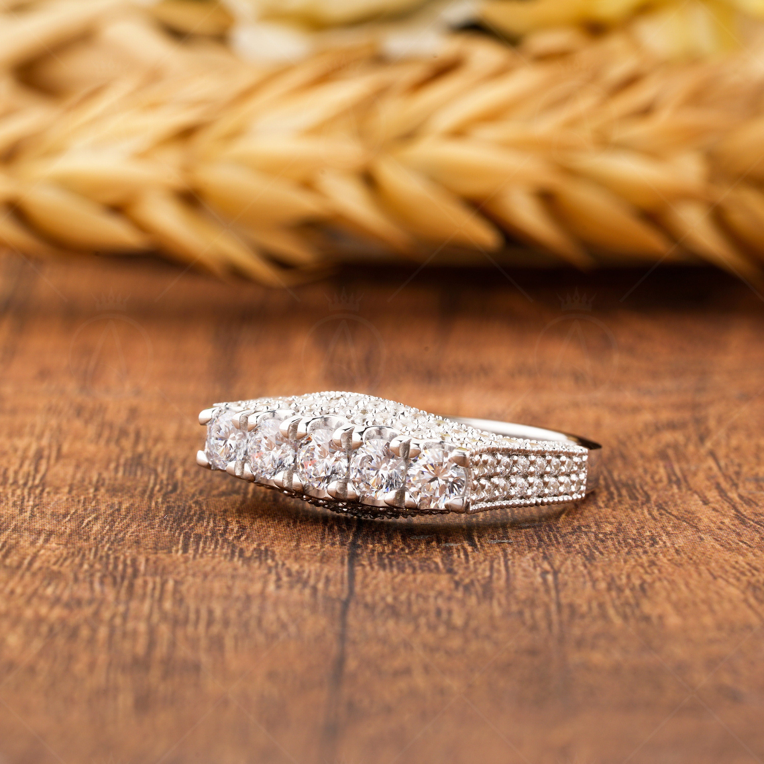 Edwardian Style 5 Stone Engagement Ring, Milgrain Art Deco Ring, Moissanite Estate Jewelry Rings For Women, Unique Vintage Ring For Her