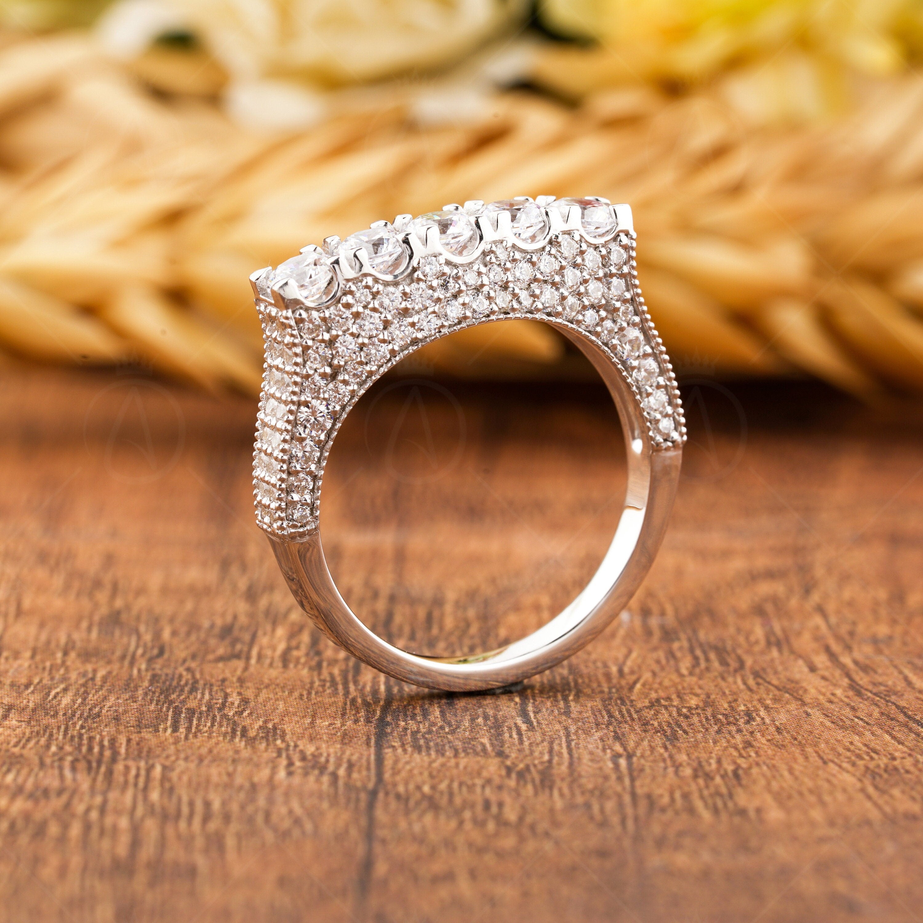 Edwardian Style 5 Stone Engagement Ring, Milgrain Art Deco Ring, Moissanite Estate Jewelry Rings For Women, Unique Vintage Ring For Her