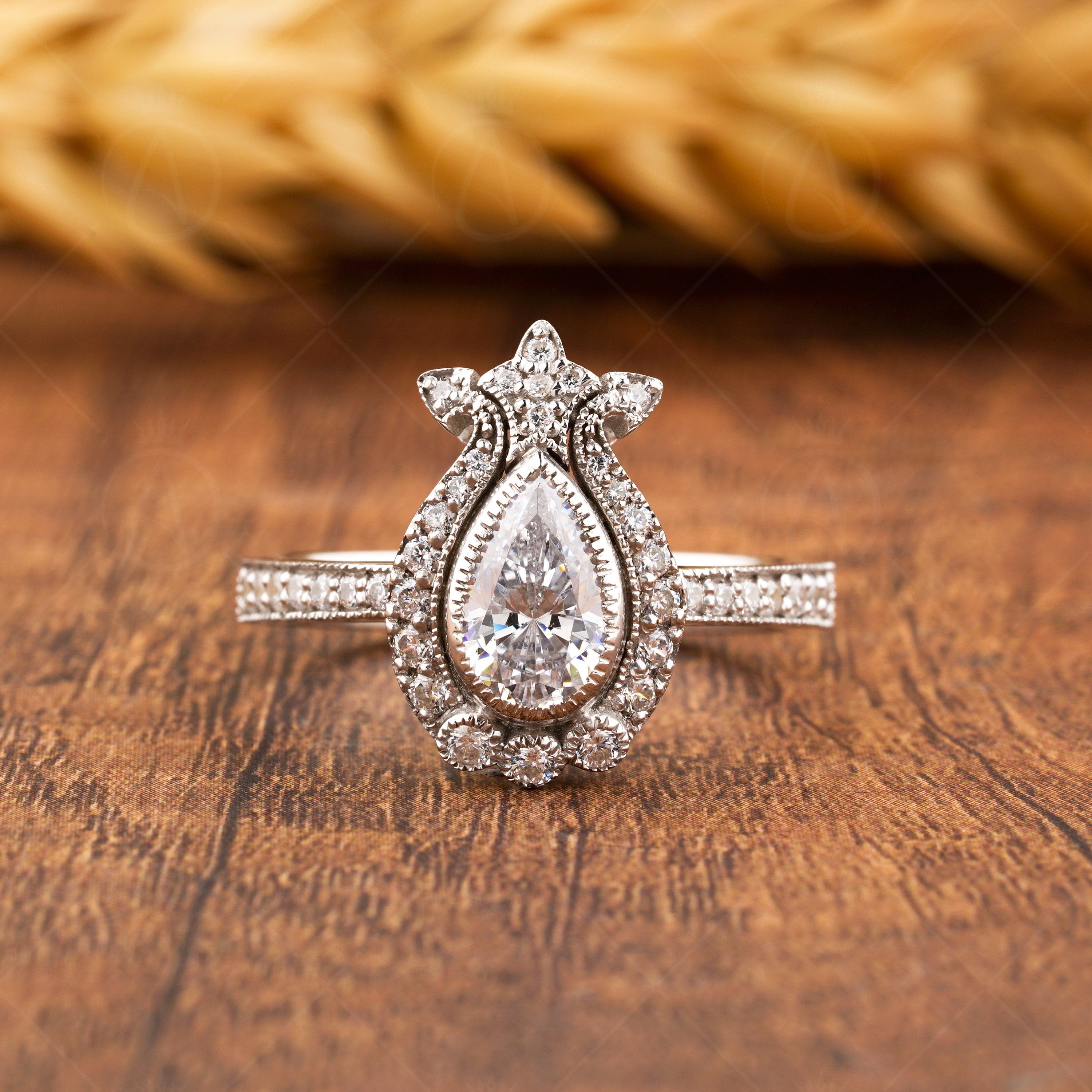 Moissanite Pear Shaped Halo Engagement Ring, Vintage Teardrop Ring, Unique Art Deco Rings For Women, Silver & Gold Antique Milgrain Ring