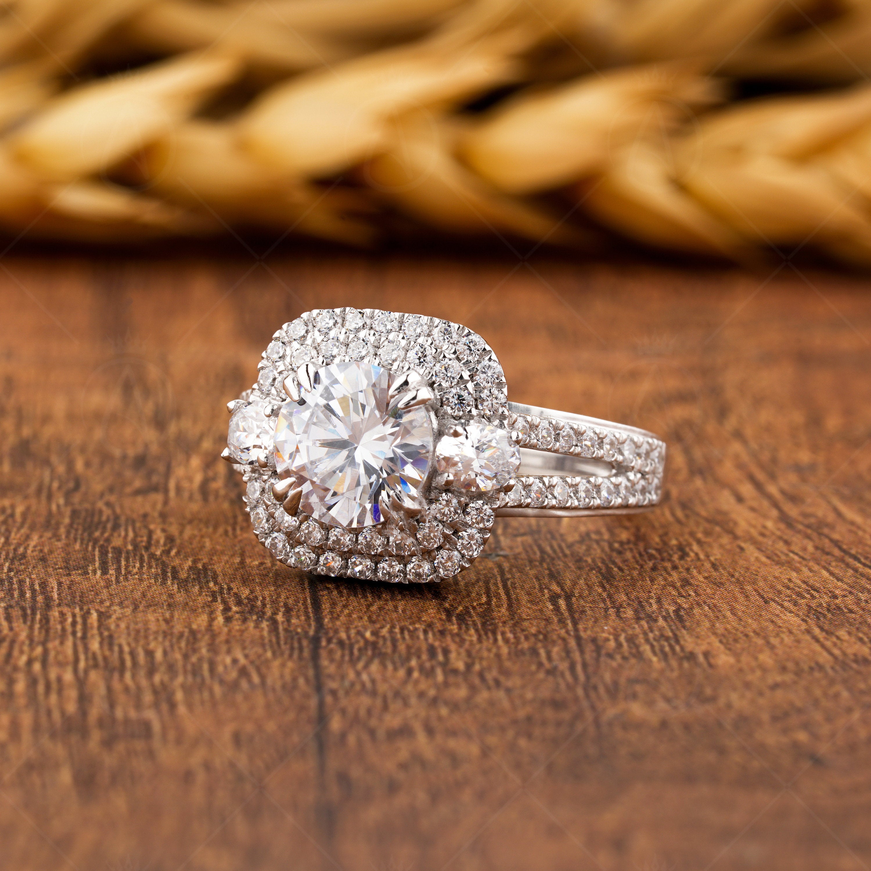 Round Double Halo Engagement Ring For Women, Art Deco Split Shank Ring, Moissanite Double Halo Ring, Silver & Gold Promise Wedding Ring