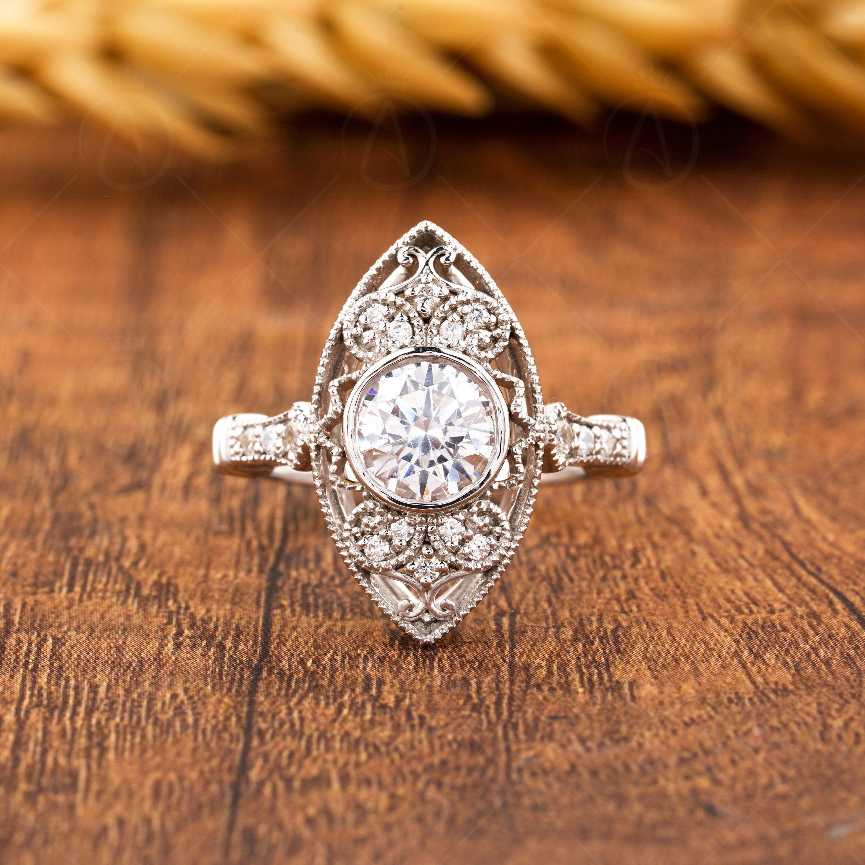 Moissanite Edwardian Rings For Women, Elongated Art Deco Engagement Ring, Unique Milgrain Estate Jewelry Ring, Bezel Set Round Ring
